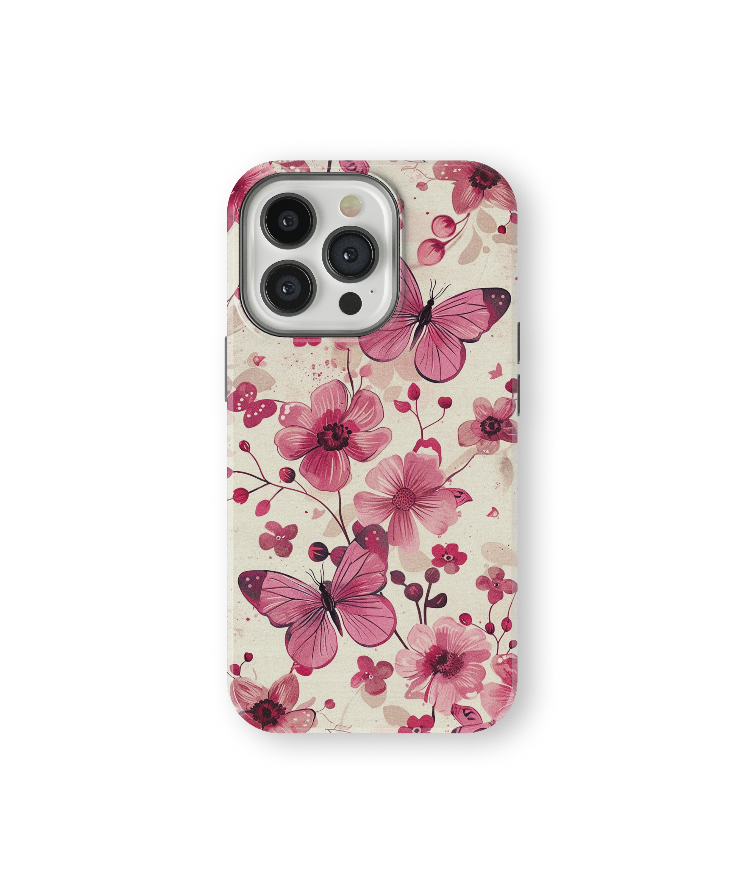 Coque iPhone – Fleurs Roses & Papillons Élégants