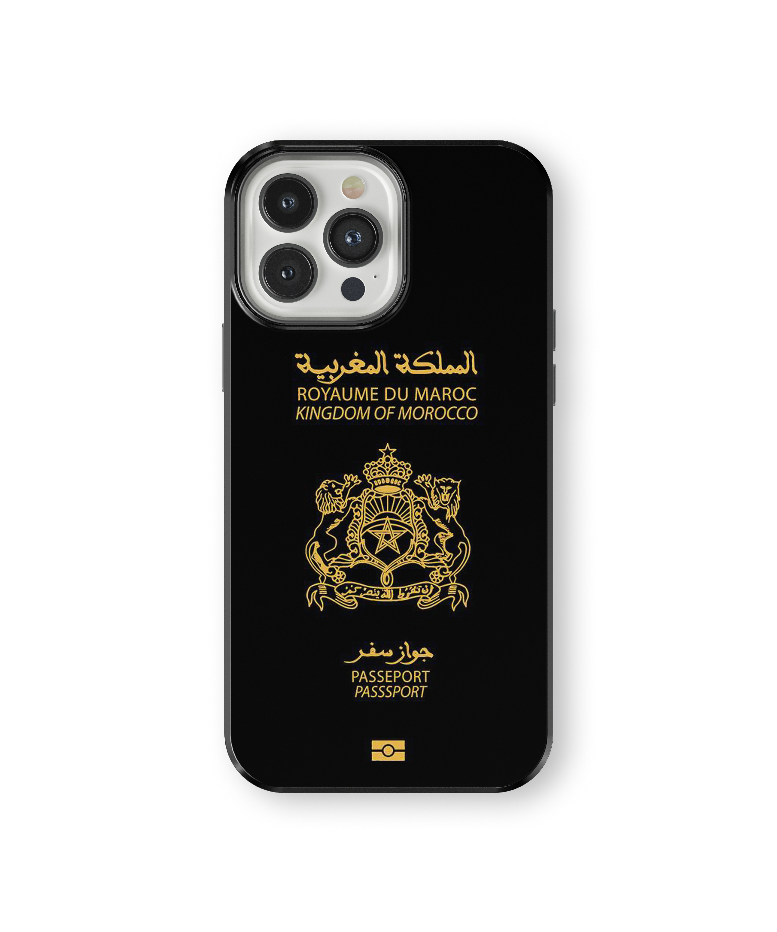 Coque iPhone Personnalisée – Design Passeport Maroc Noir & Doré