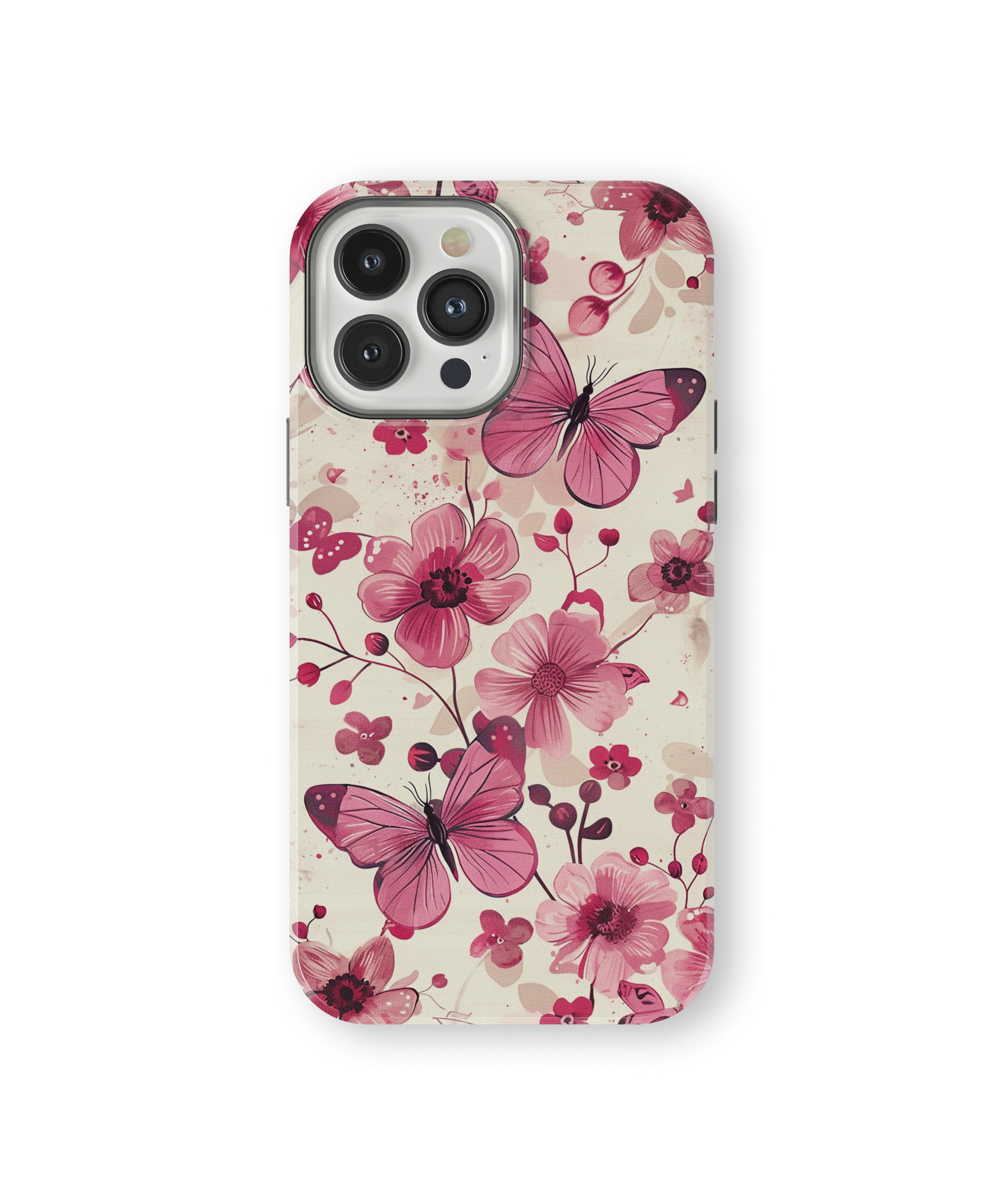 Coque iPhone – Fleurs Roses & Papillons Élégants