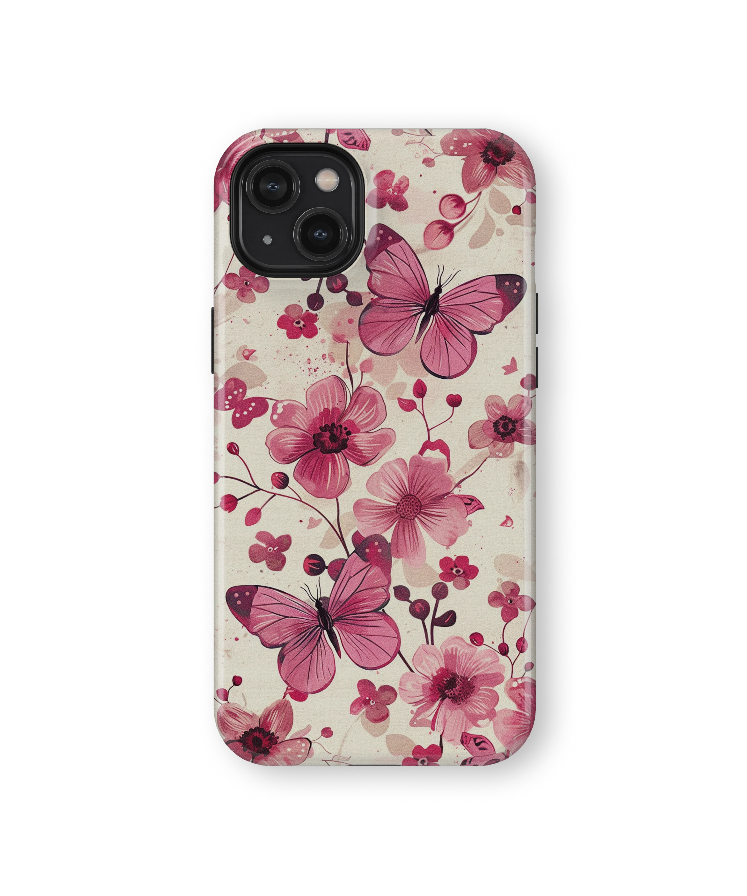 Coque iPhone – Fleurs Roses & Papillons Élégants
