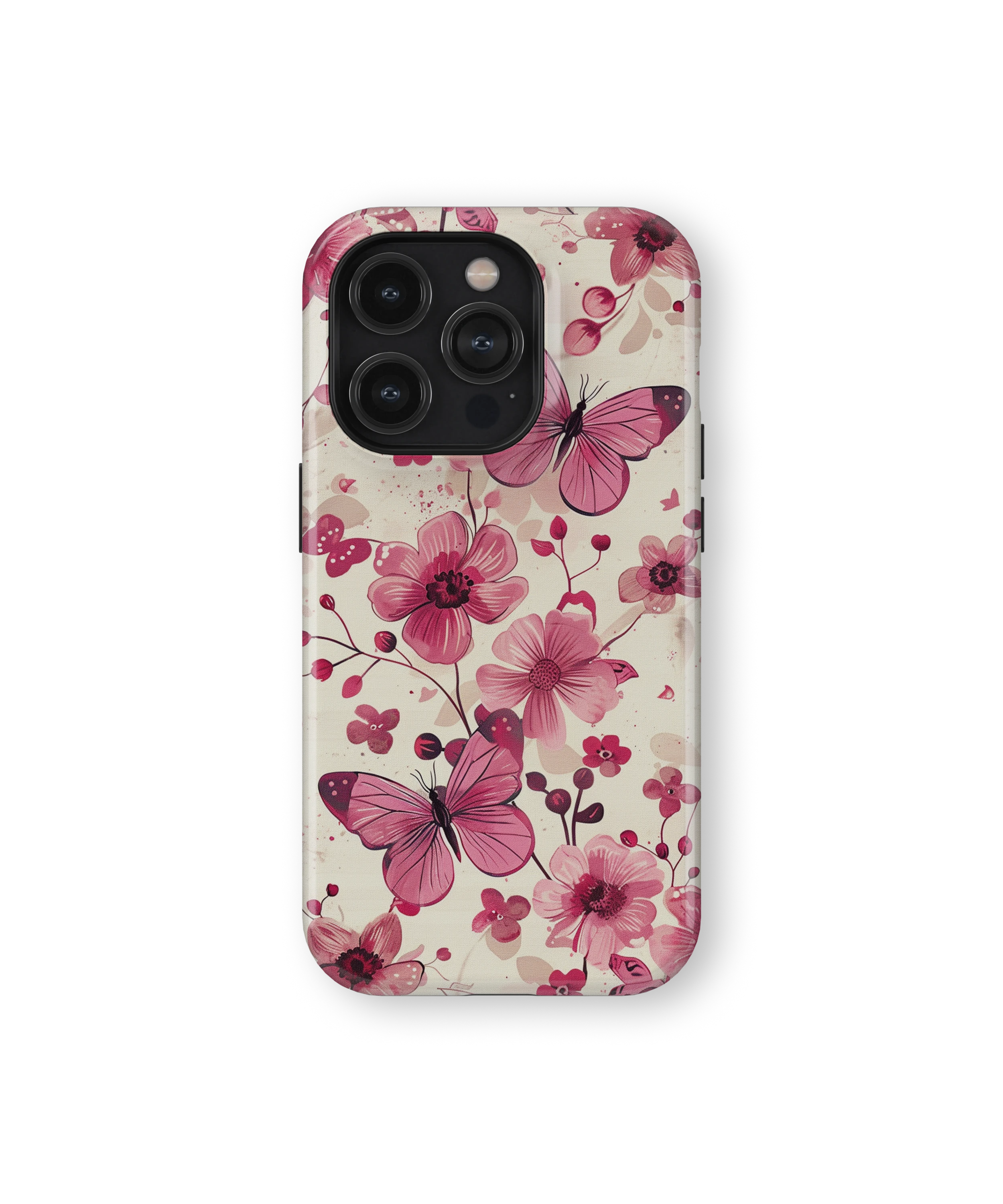 Coque iPhone – Fleurs Roses & Papillons Élégants