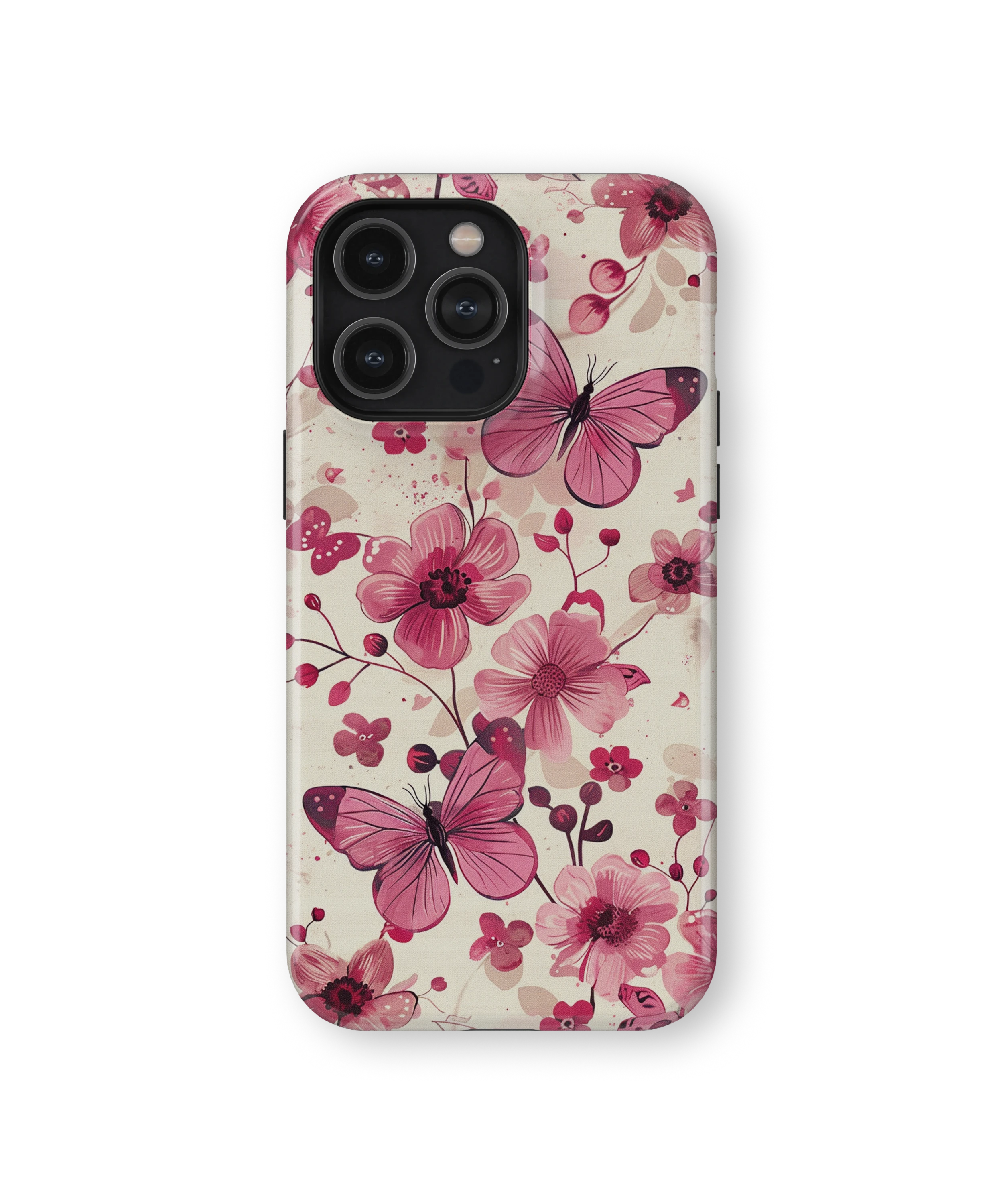 Coque iPhone – Fleurs Roses & Papillons Élégants