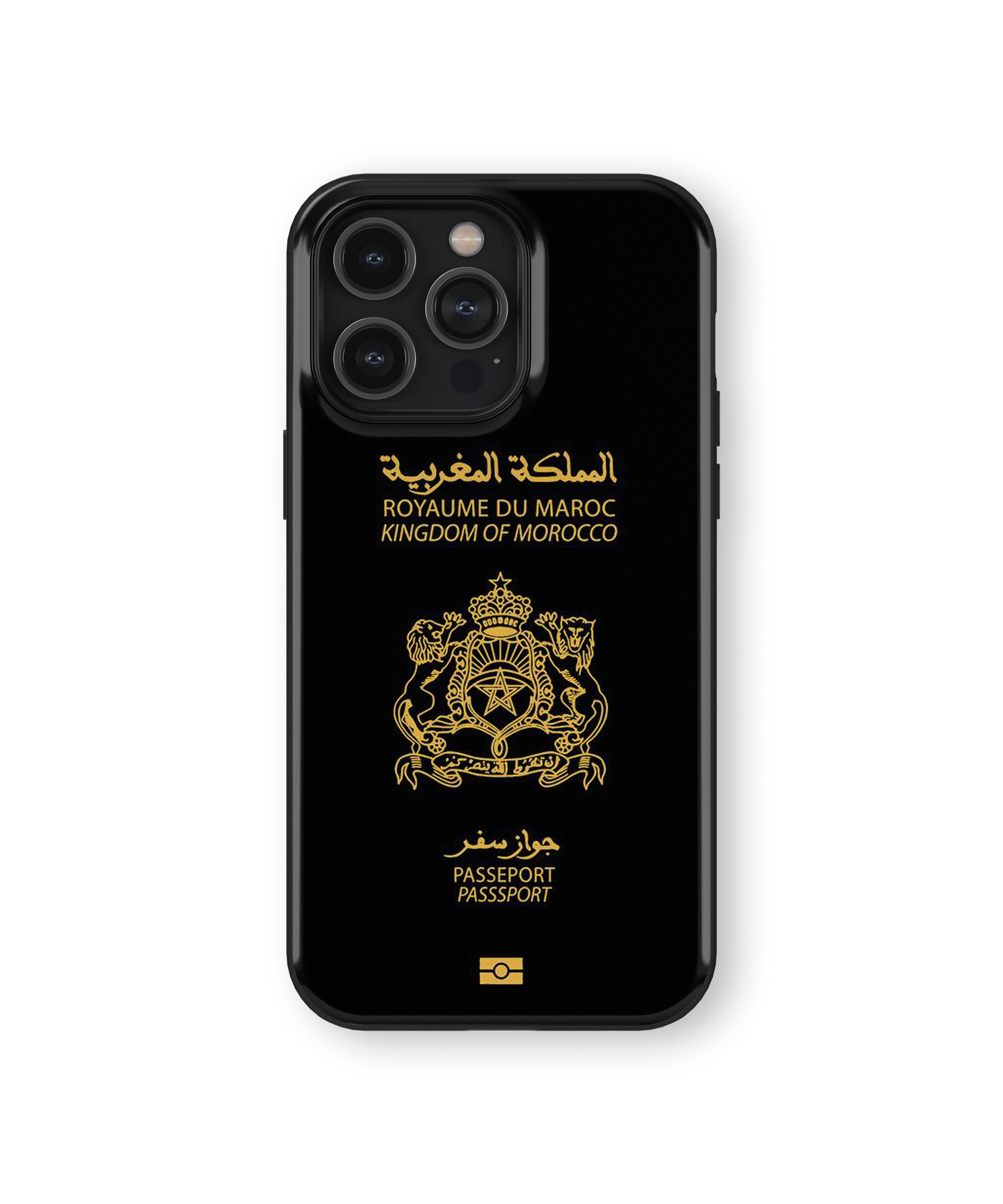 Coque iPhone Personnalisée – Design Passeport Maroc Noir & Doré