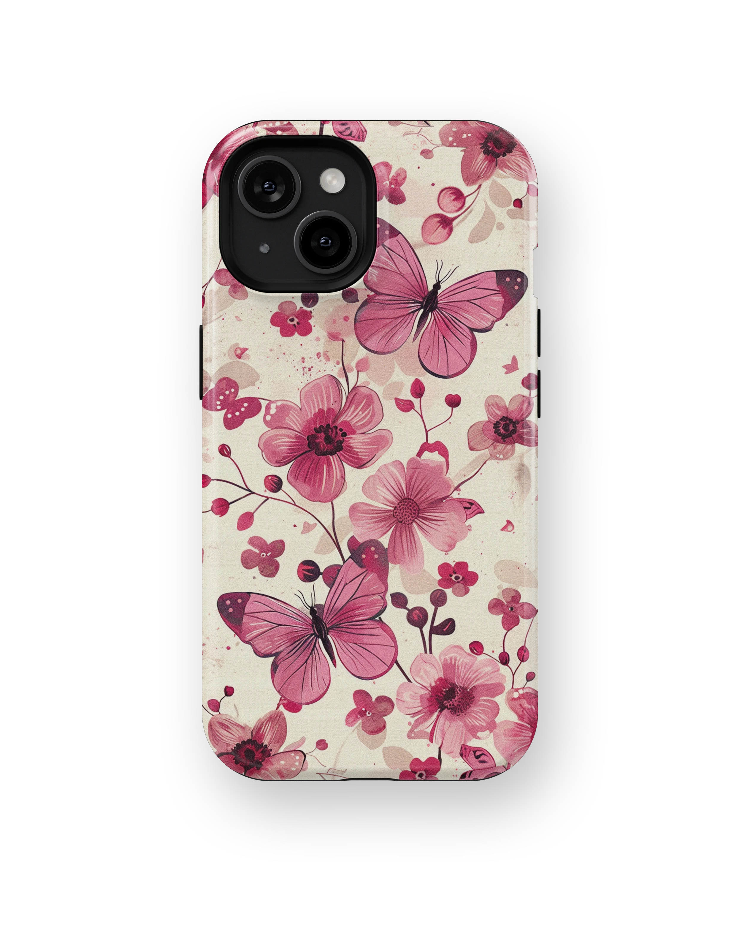 Coque iPhone – Fleurs Roses & Papillons Élégants