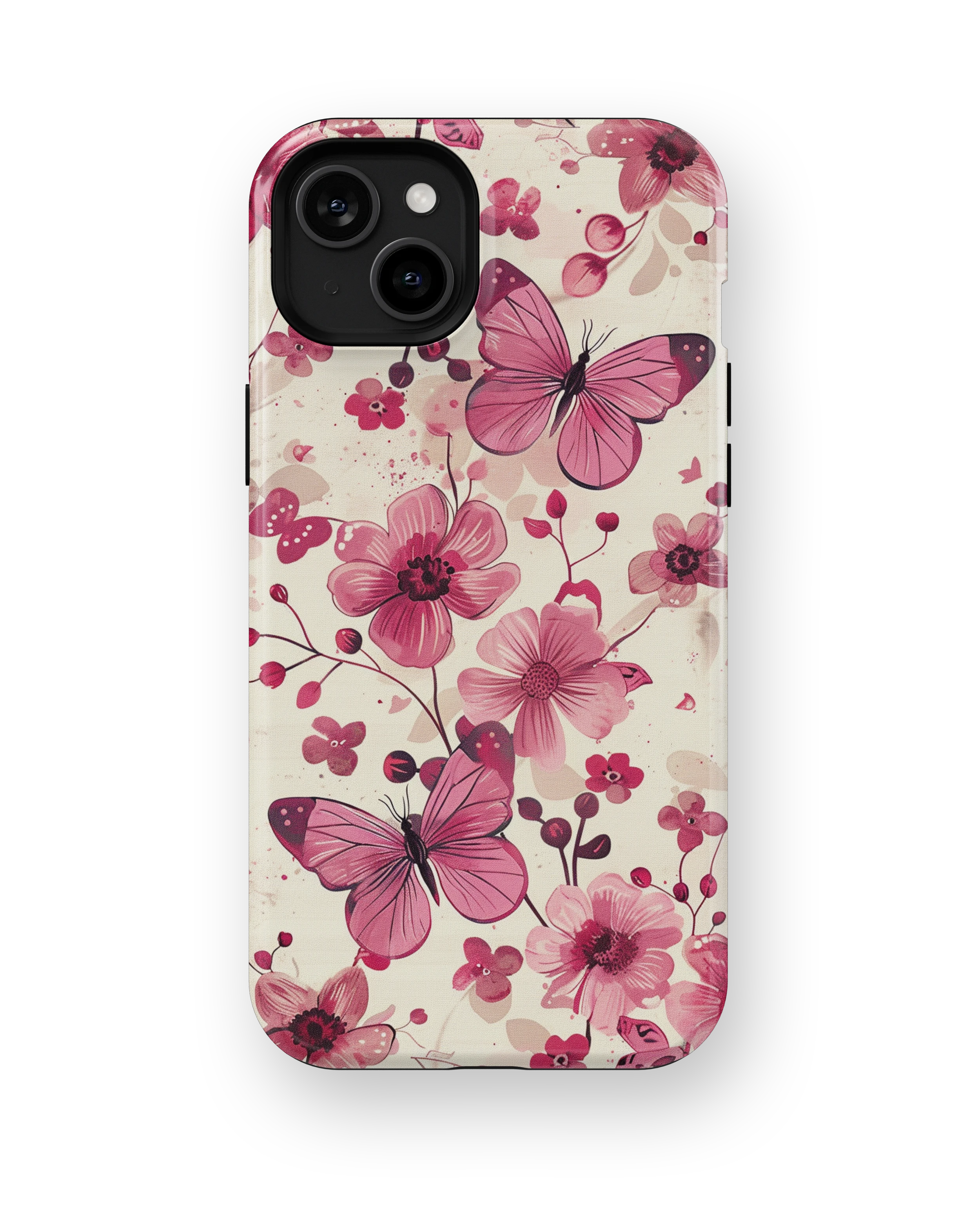 Coque iPhone – Fleurs Roses & Papillons Élégants