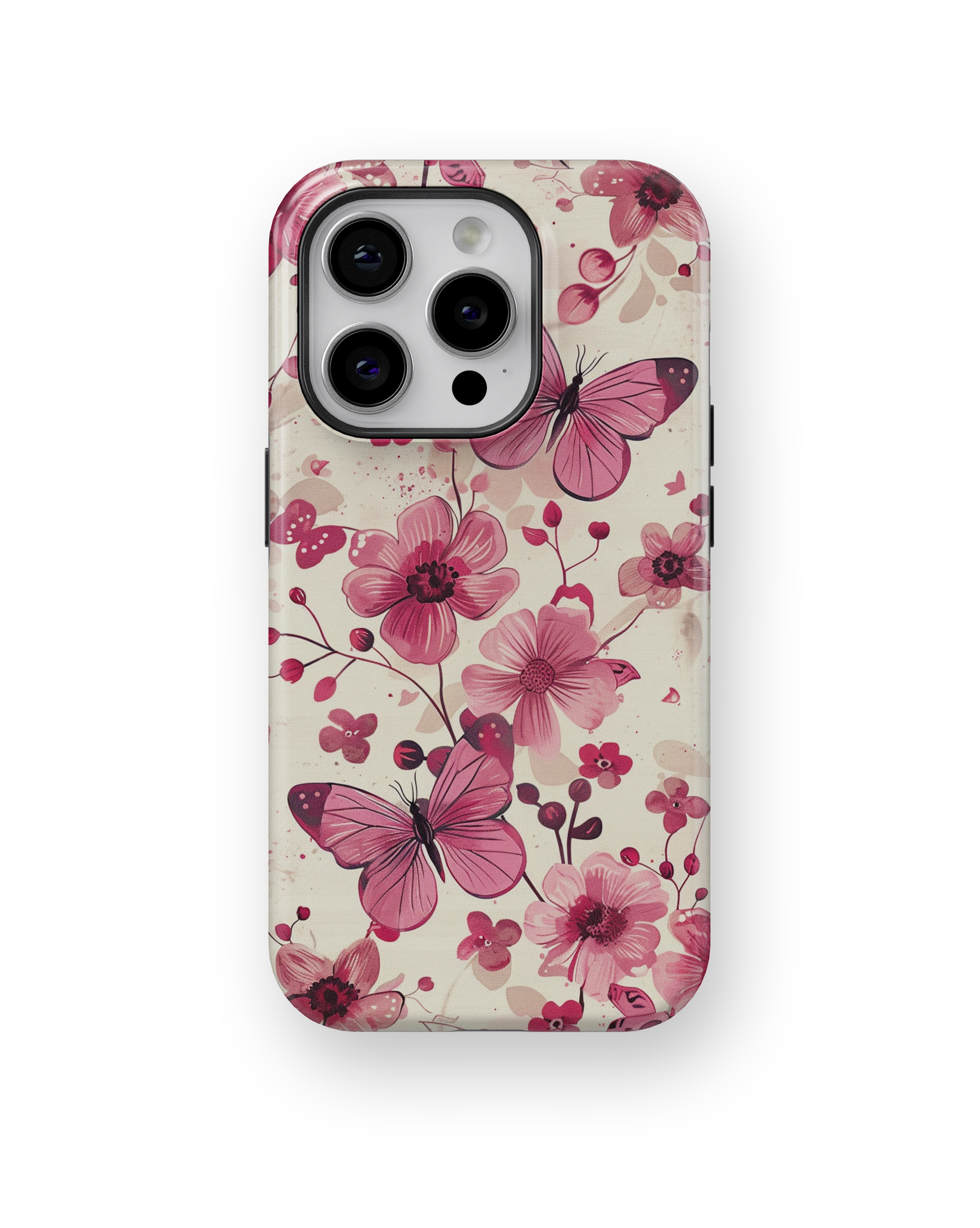 Coque iPhone – Fleurs Roses & Papillons Élégants