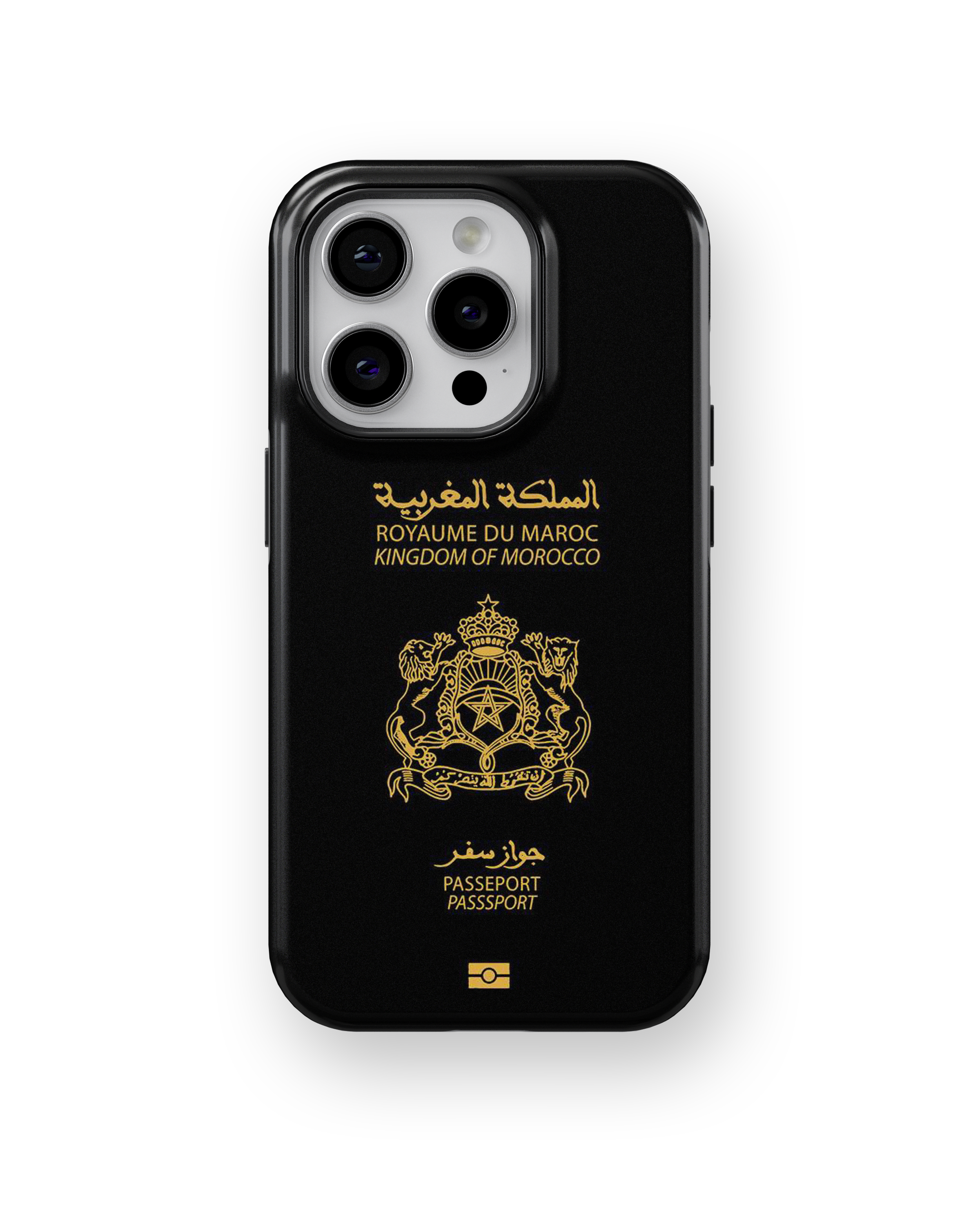 Coque iPhone Personnalisée – Design Passeport Maroc Noir & Doré