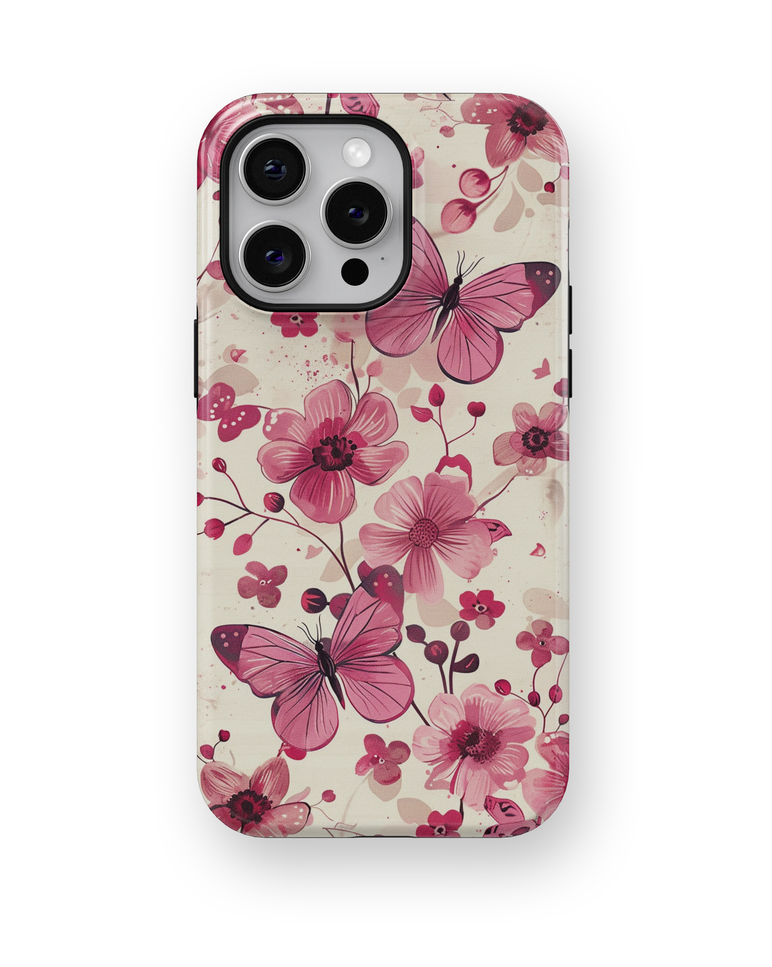 Coque iPhone – Fleurs Roses & Papillons Élégants