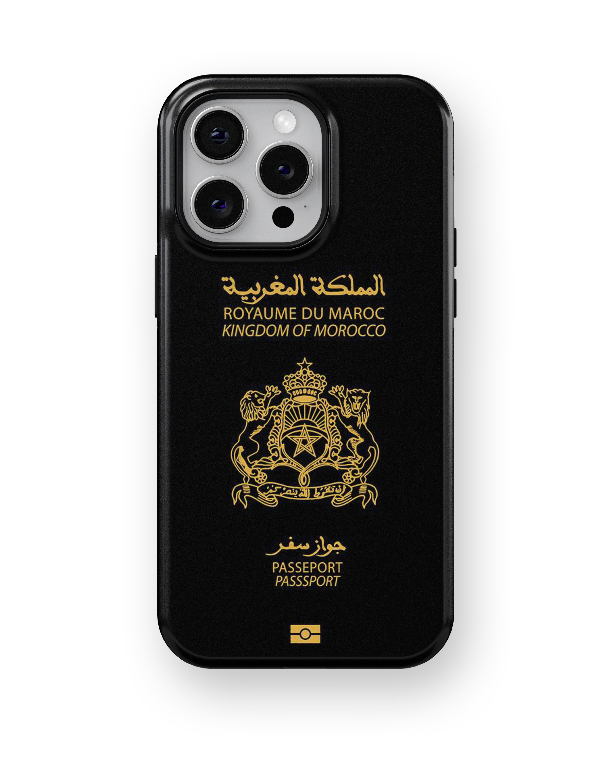 Coque iPhone Personnalisée – Design Passeport Maroc Noir & Doré