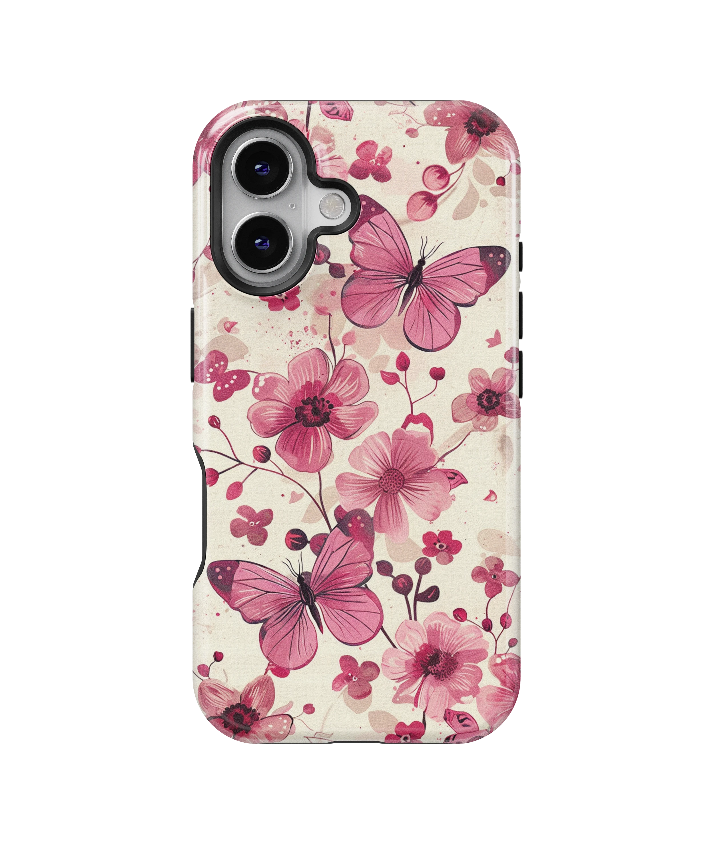 Coque iPhone – Fleurs Roses & Papillons Élégants