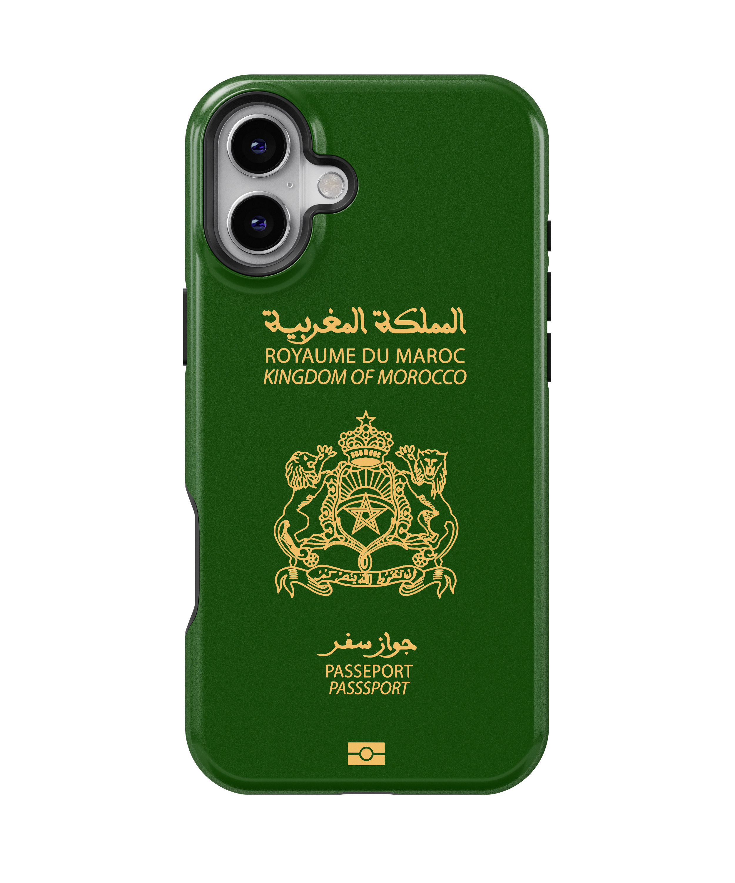 Coque iPhone Personnalisée – Design Passeport Maroc Vert & Doré