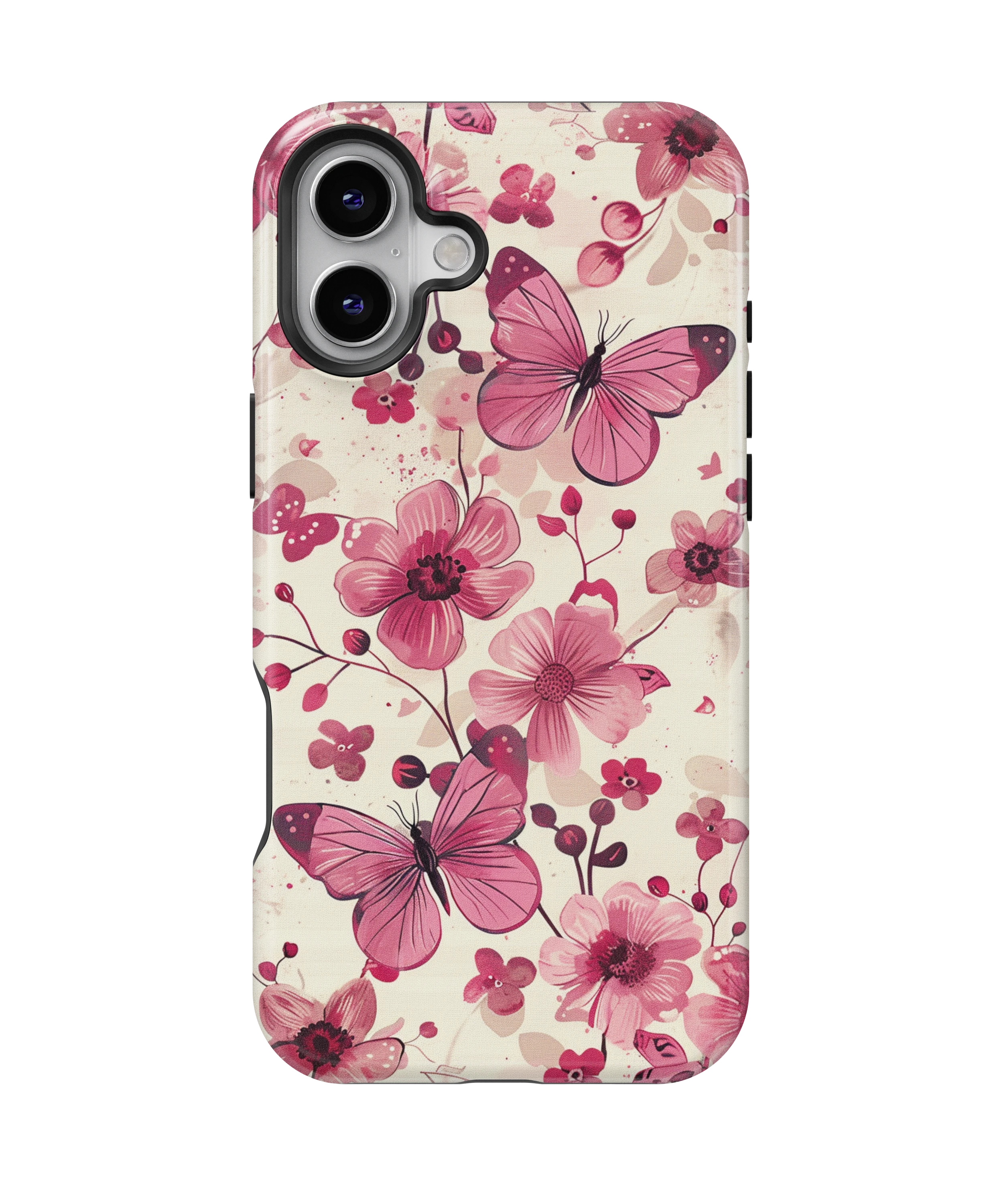 Coque iPhone – Fleurs Roses & Papillons Élégants