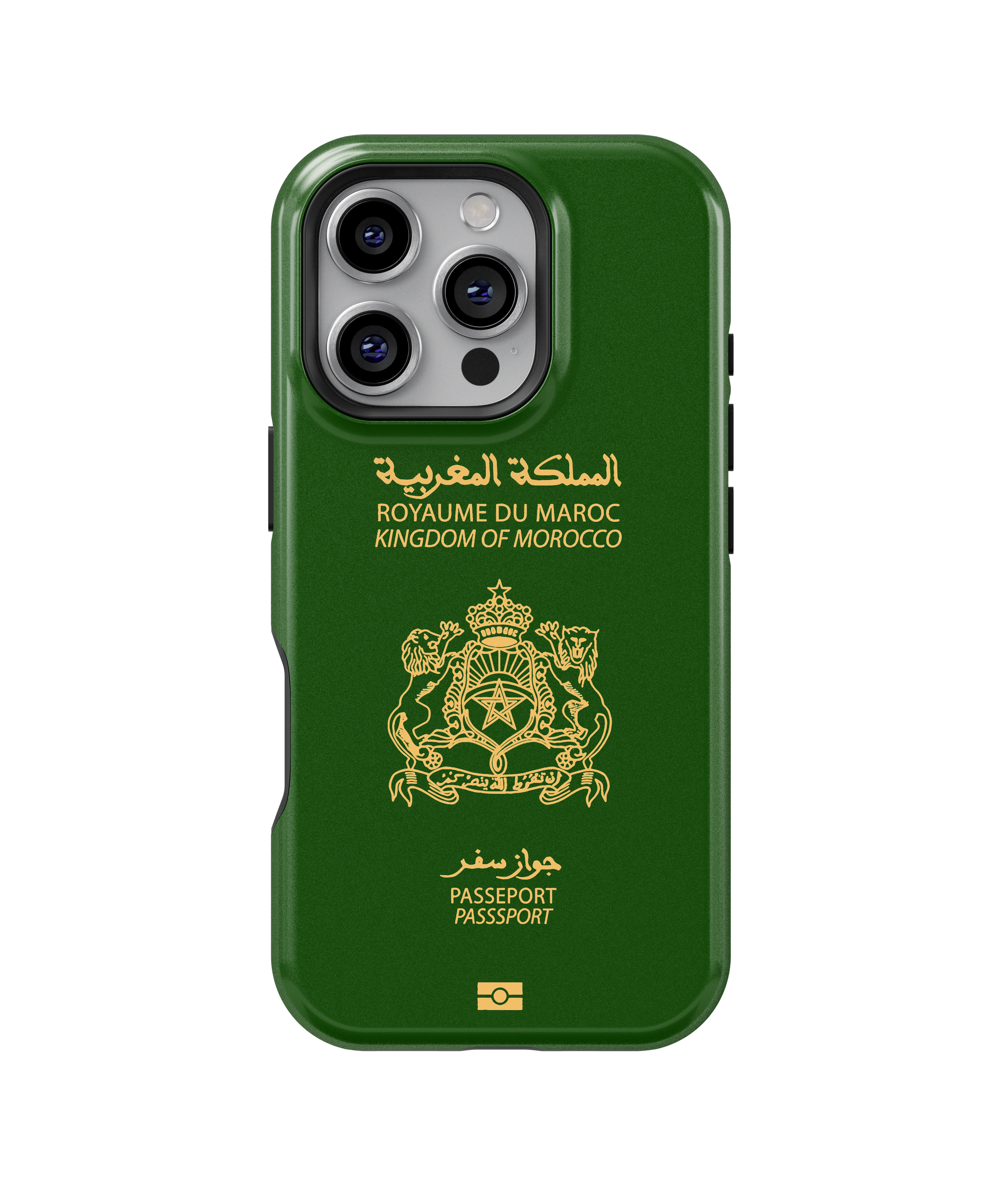 Coque iPhone Personnalisée – Design Passeport Maroc Vert & Doré