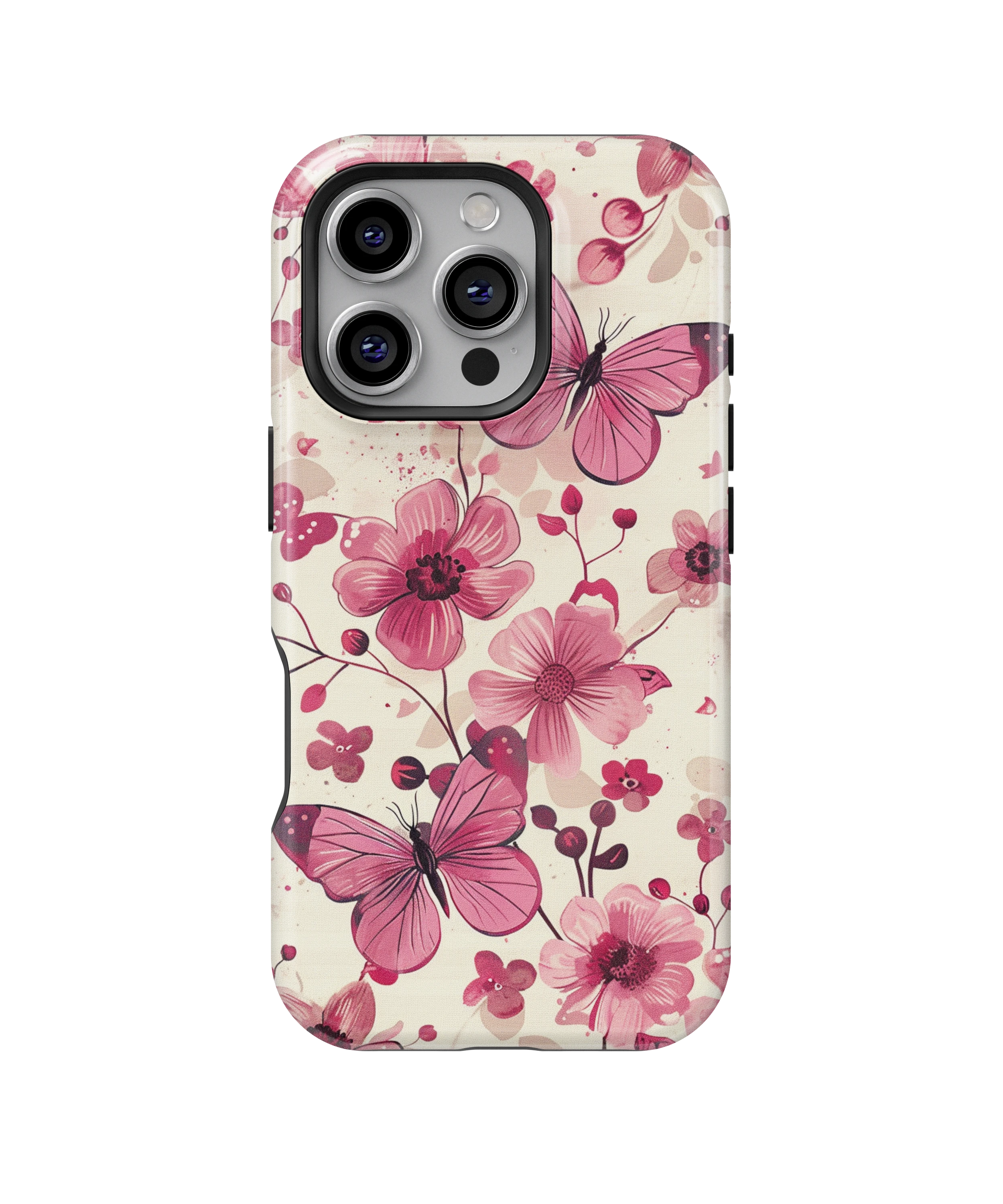 Coque iPhone – Fleurs Roses & Papillons Élégants