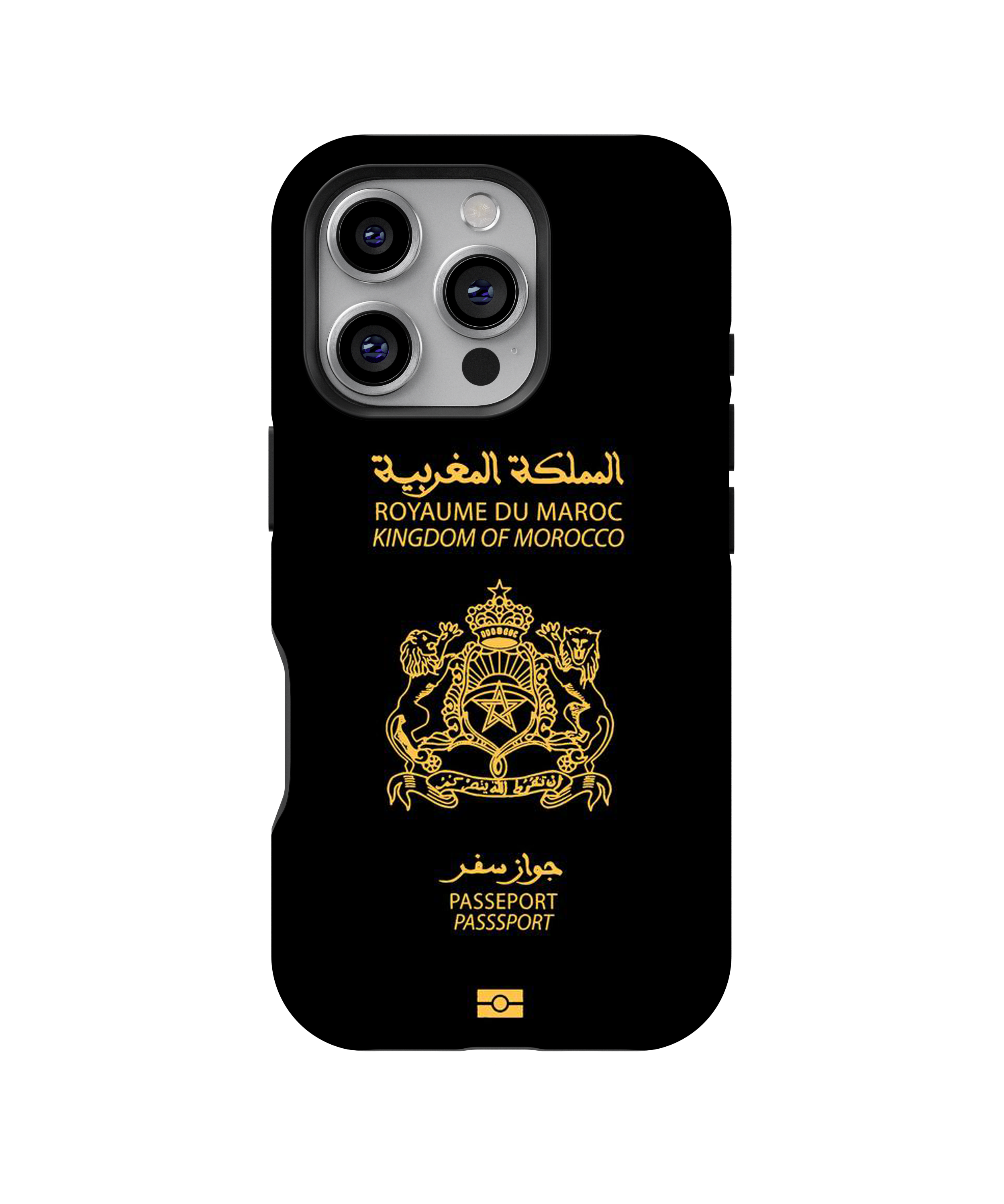 Coque iPhone Personnalisée – Design Passeport Maroc Noir & Doré