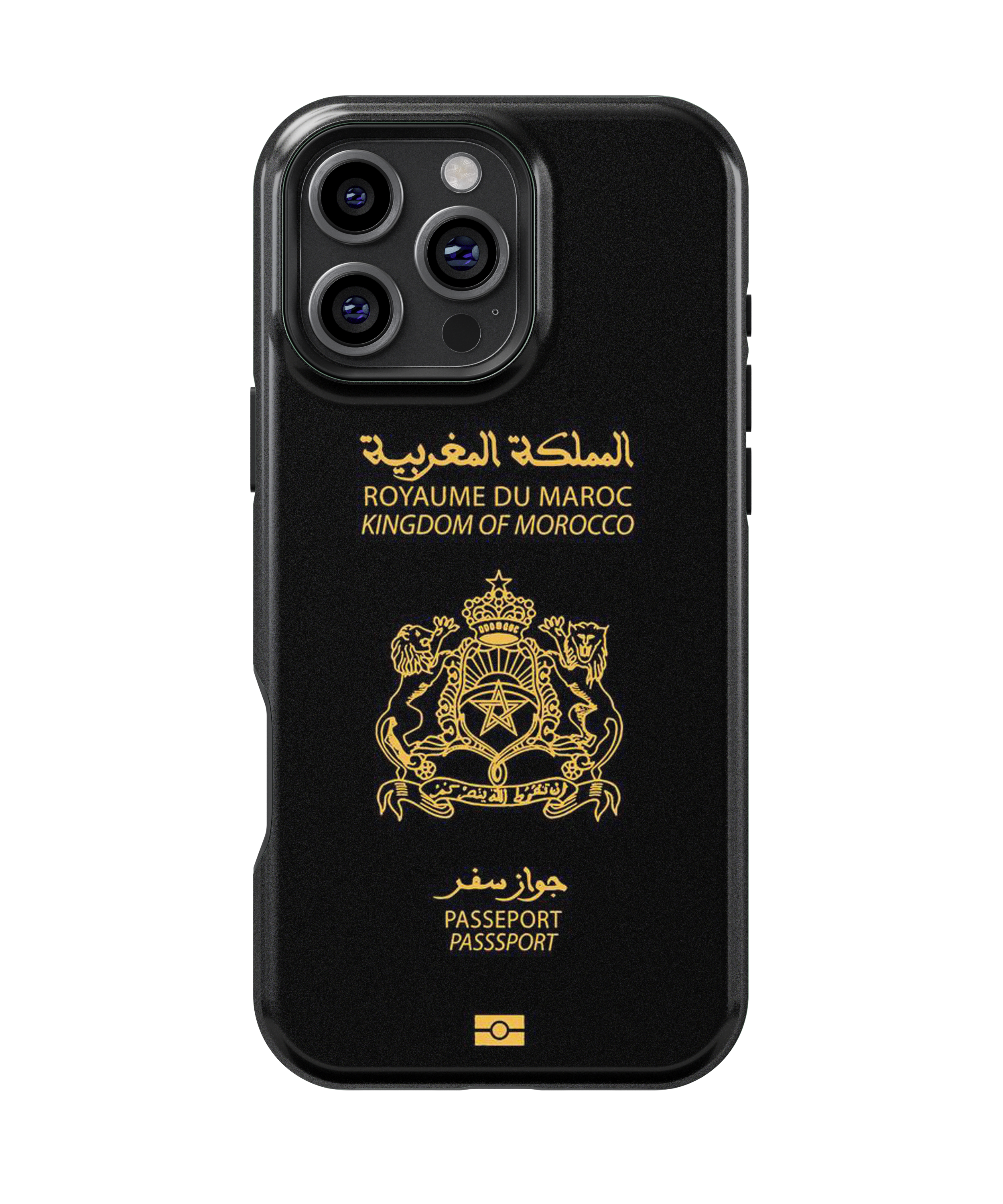 Coque iPhone Personnalisée – Design Passeport Maroc Noir & Doré