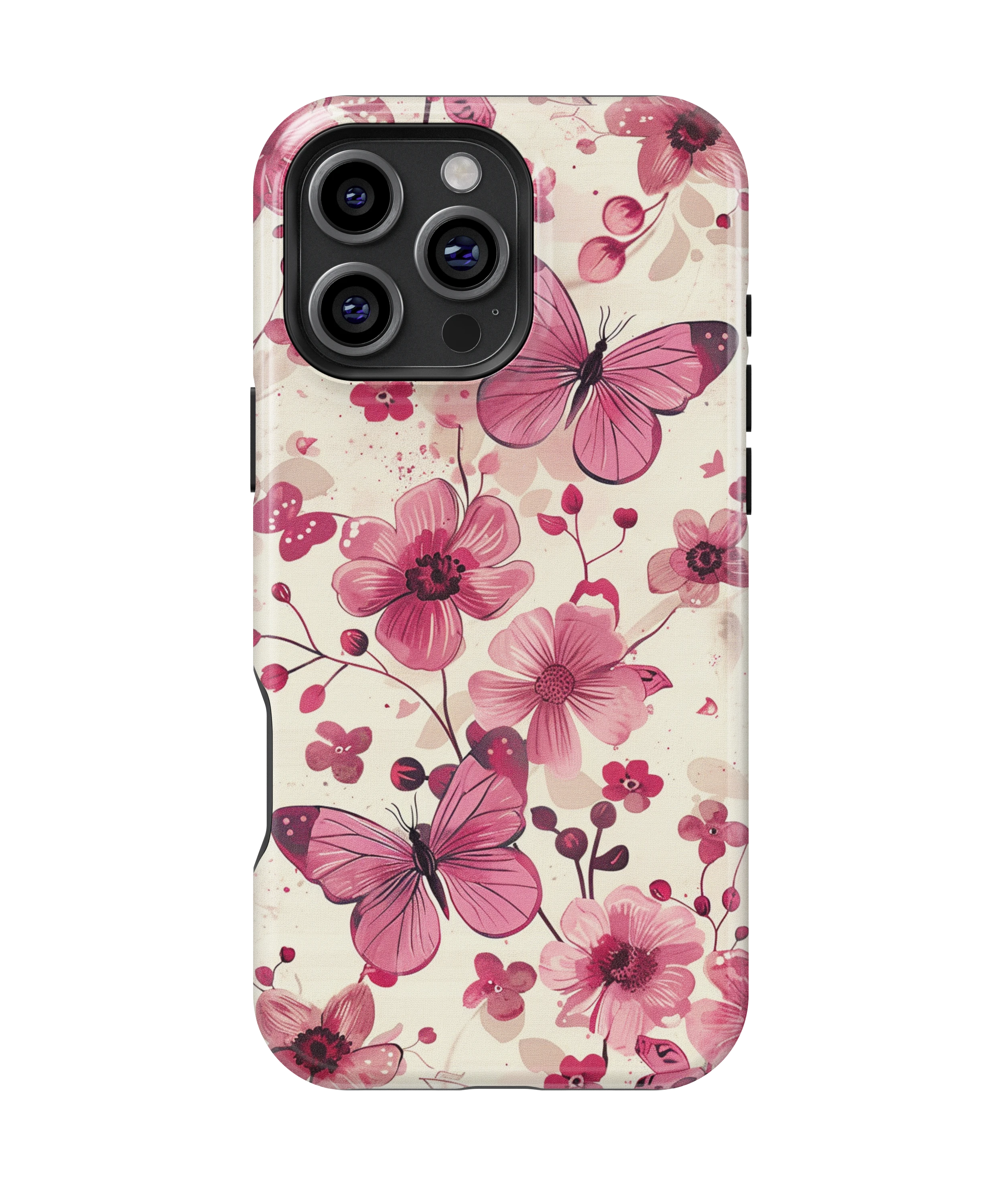 Coque iPhone – Fleurs Roses & Papillons Élégants