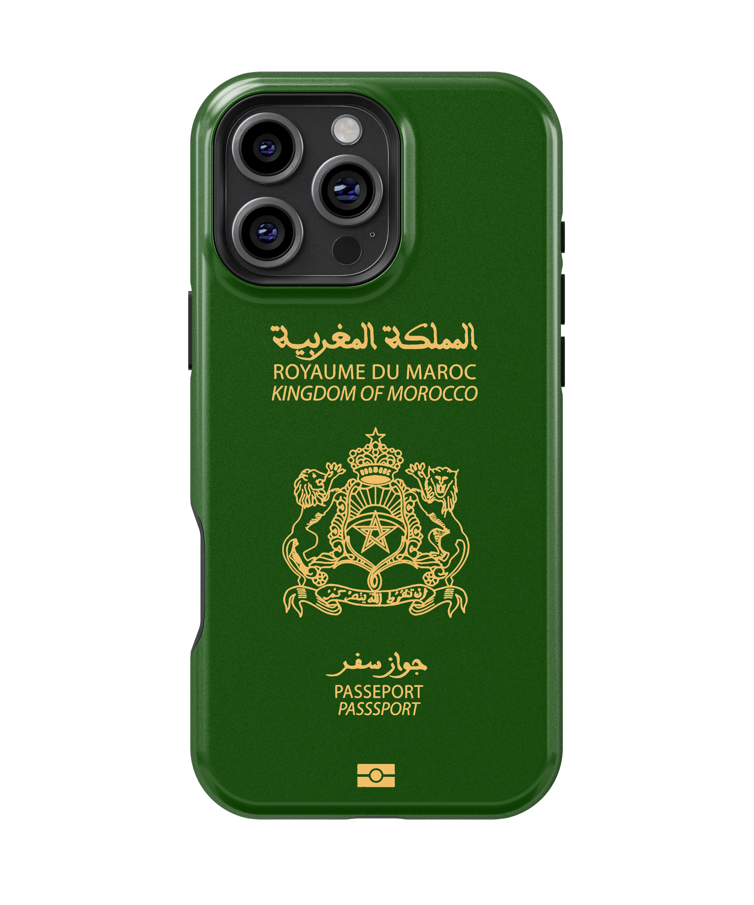 Coque iPhone Personnalisée – Design Passeport Maroc Vert & Doré
