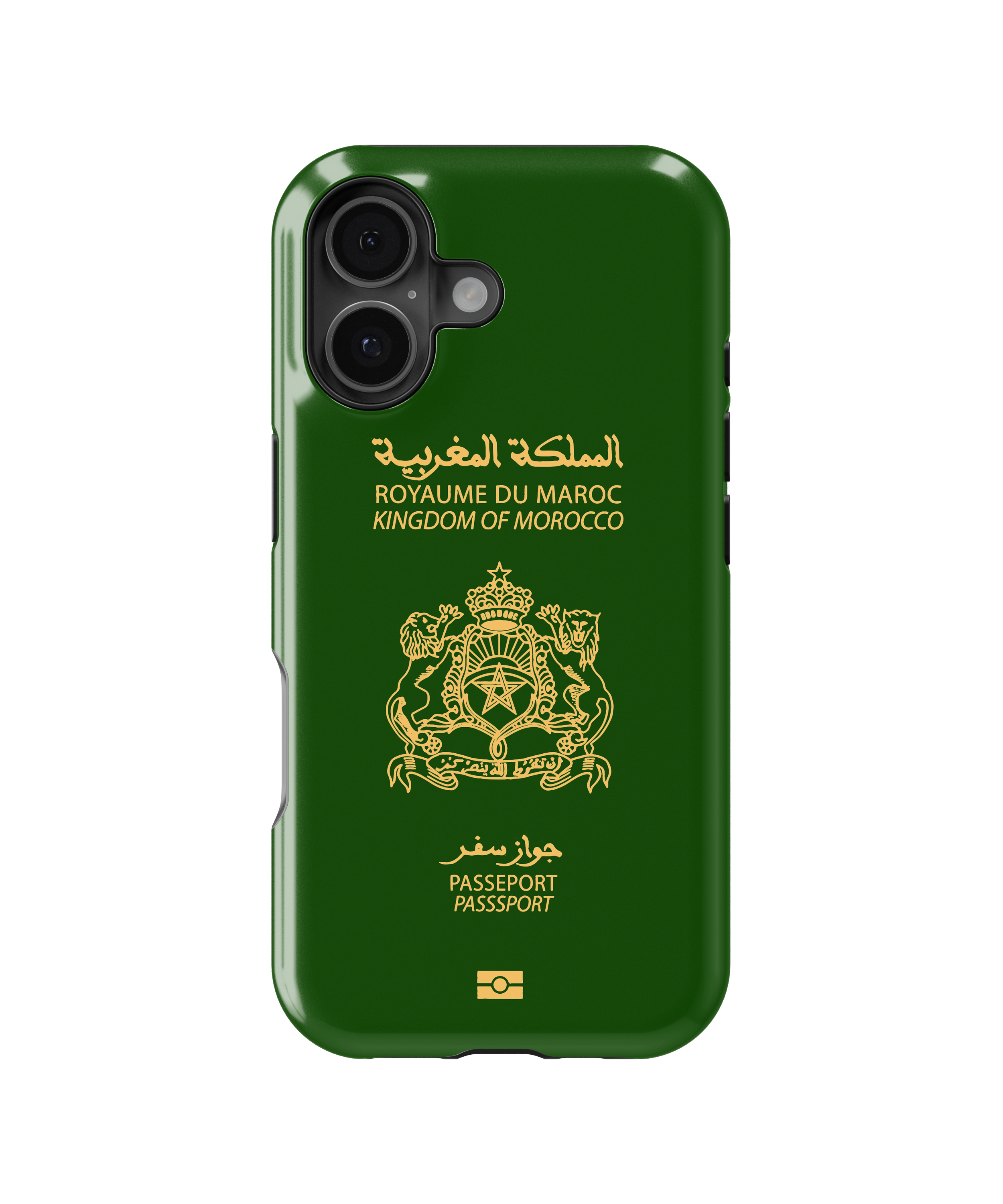 Coque iPhone Personnalisée – Design Passeport Maroc Vert & Doré