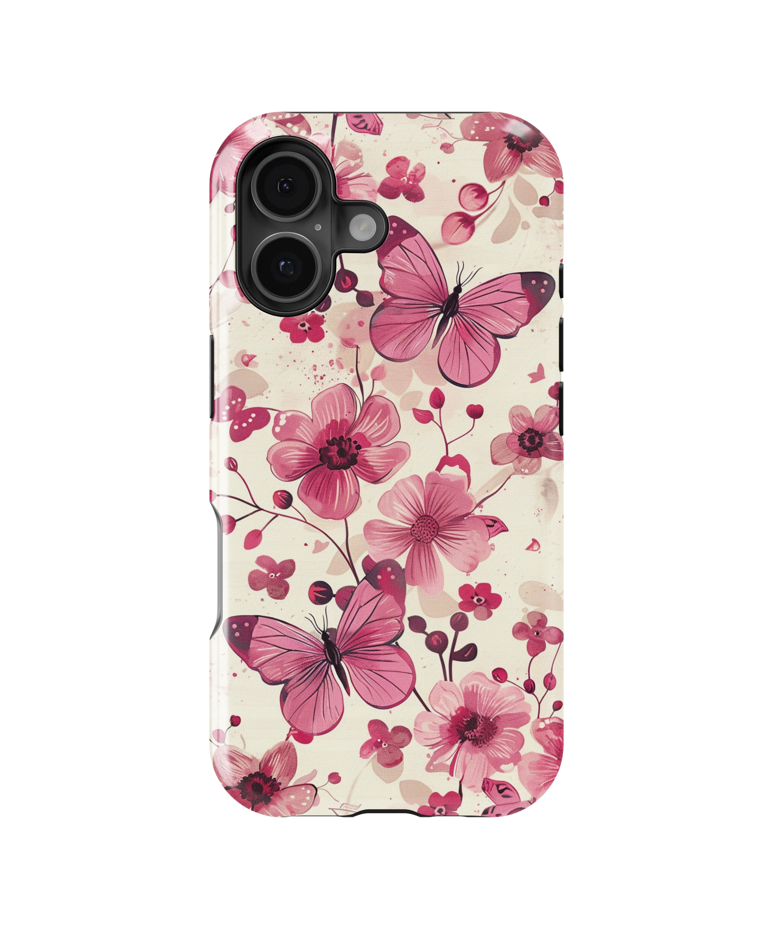 Coque iPhone – Fleurs Roses & Papillons Élégants