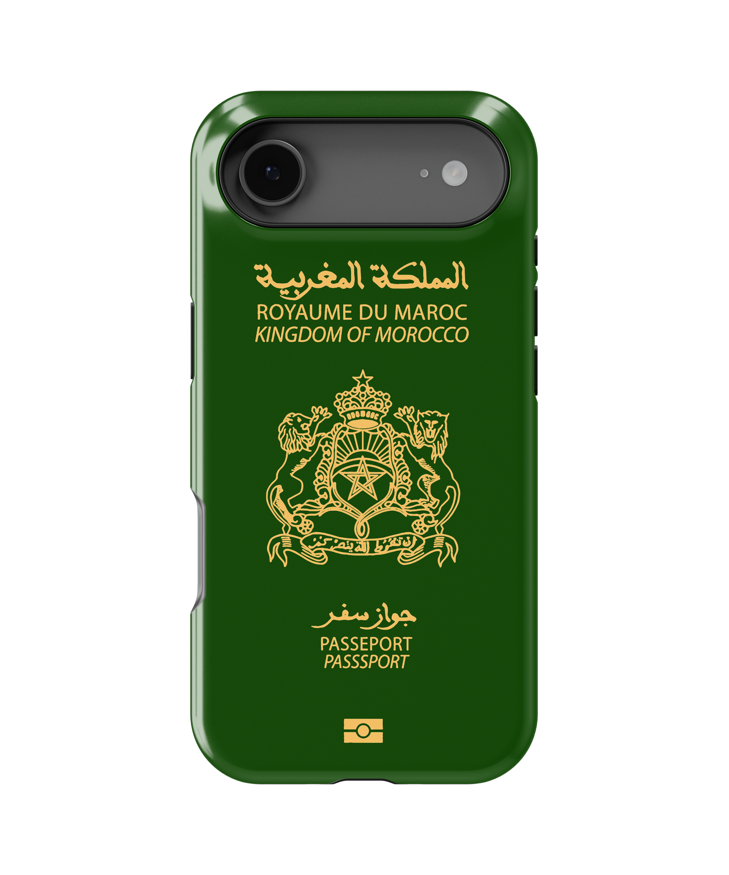 Coque iPhone Personnalisée – Design Passeport Maroc Vert & Doré