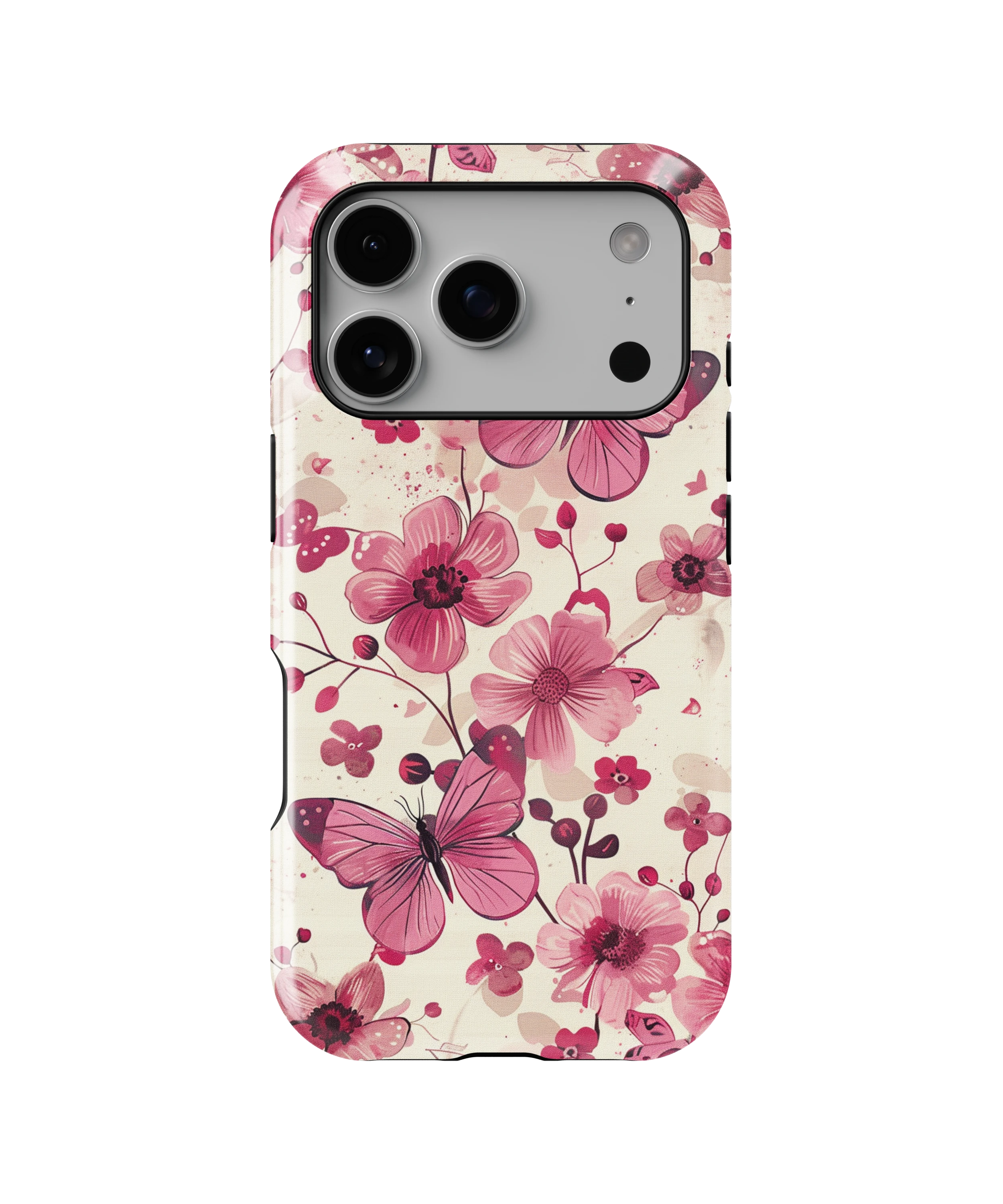 Coque iPhone – Fleurs Roses & Papillons Élégants