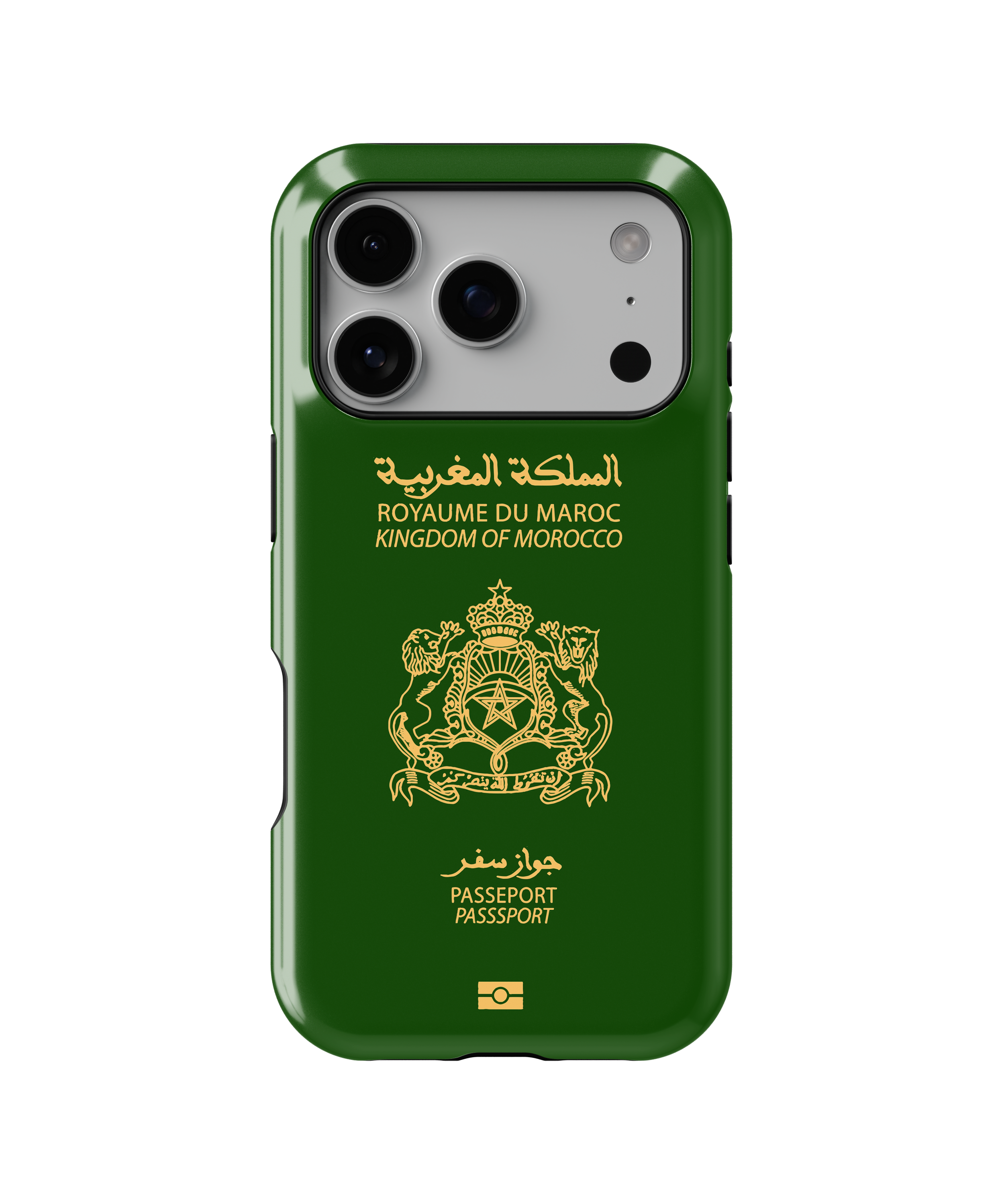 Coque iPhone Personnalisée – Design Passeport Maroc Vert & Doré