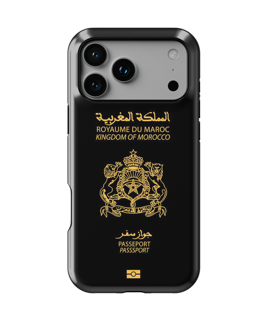 Coque iPhone Personnalisée – Design Passeport Maroc Noir & Doré