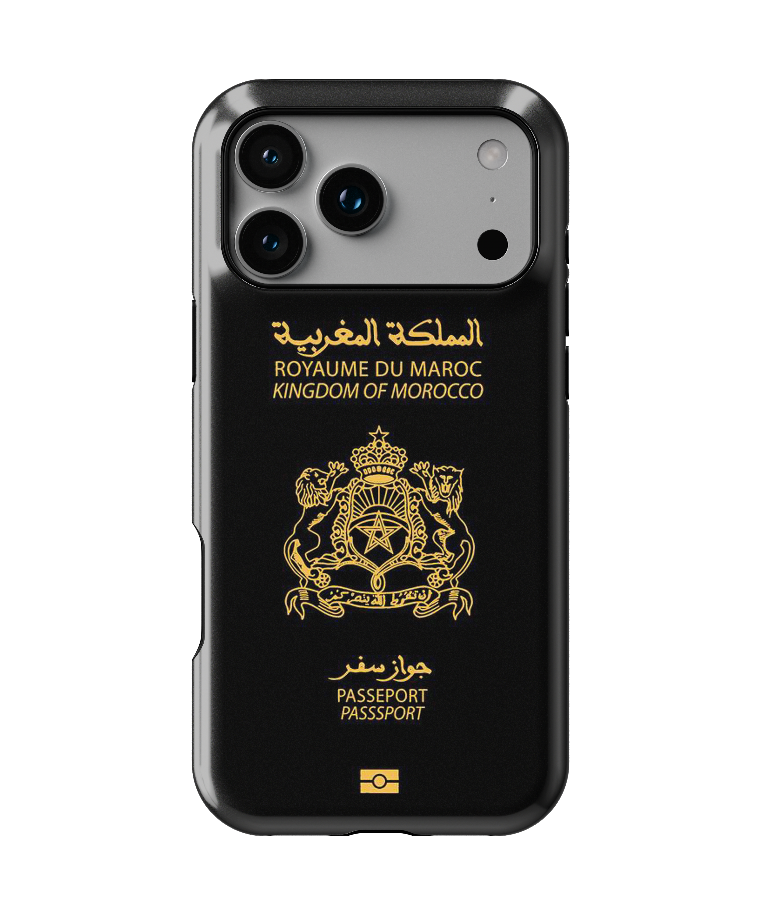 Coque iPhone Personnalisée – Design Passeport Maroc Noir & Doré