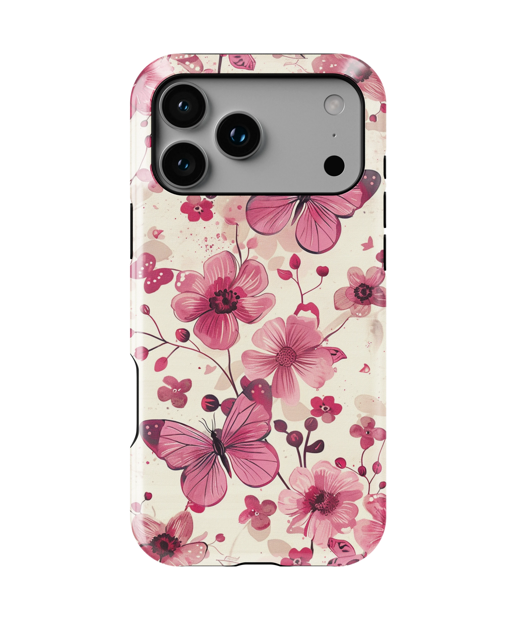 Coque iPhone – Fleurs Roses & Papillons Élégants