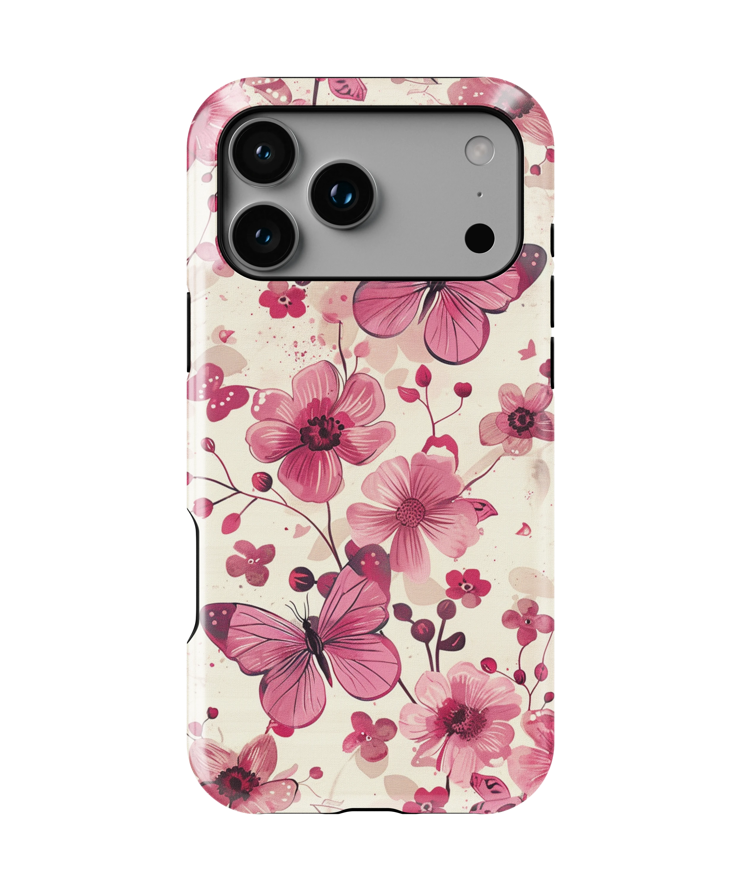 Coque iPhone – Fleurs Roses & Papillons Élégants