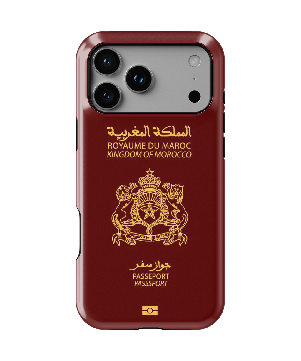 Coque iPhone Personnalisée – Design Passeport Maroc Rouge & Doré