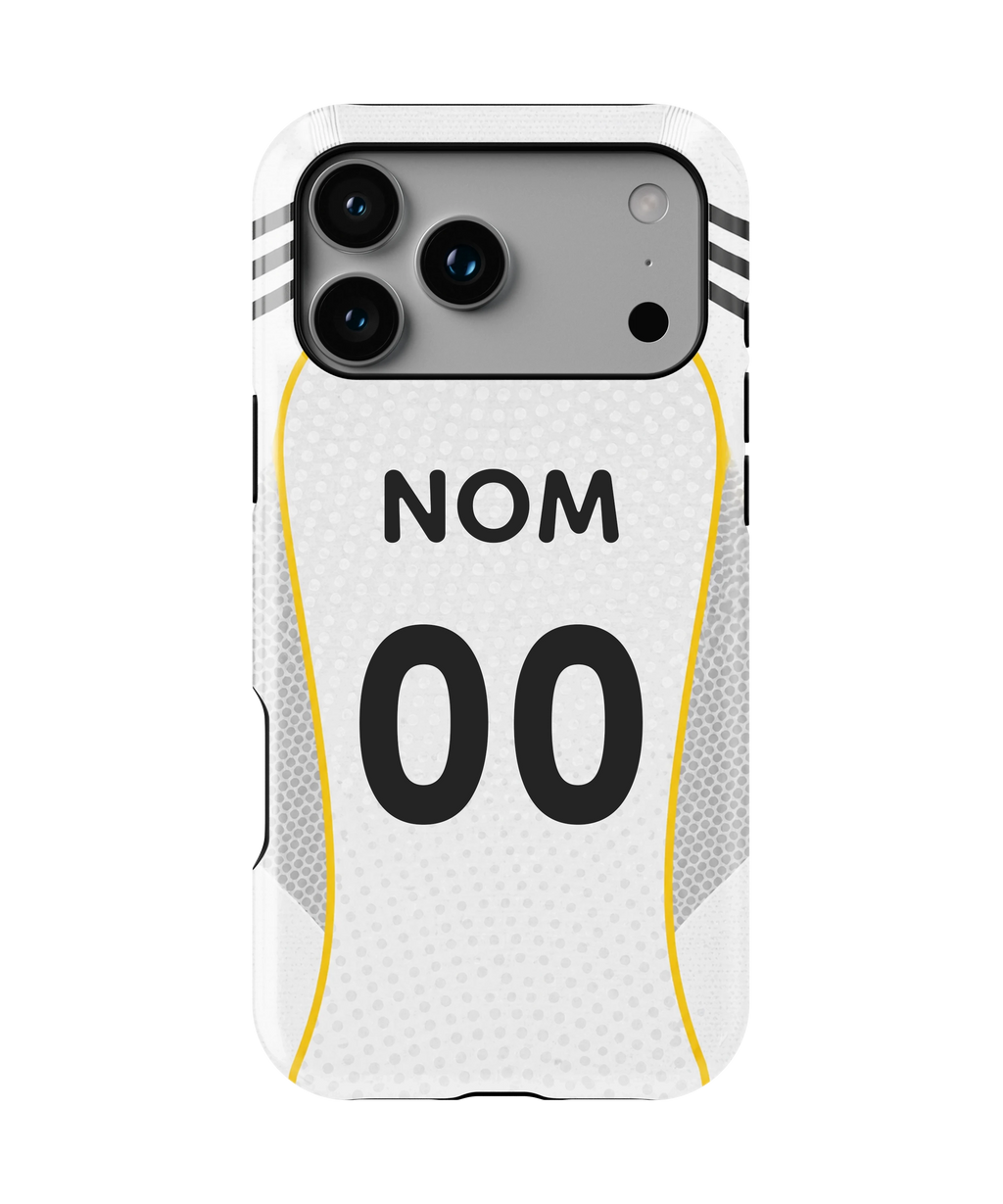 Coque iPhone – Style Maillot Real Madrid (Blanc & Or)