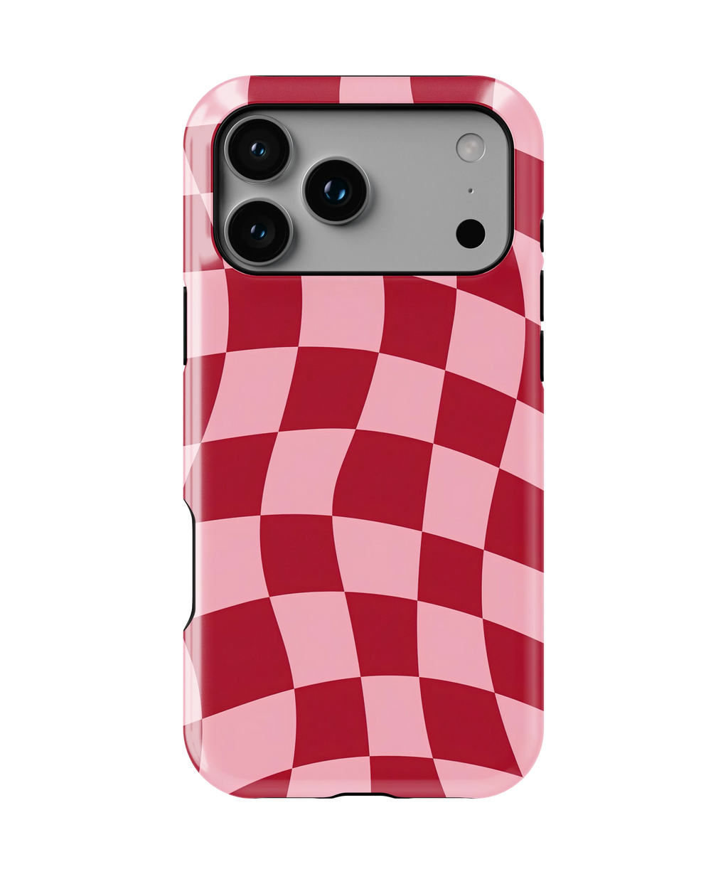 Coque iPhone – Design Damier Rouge & Rose
