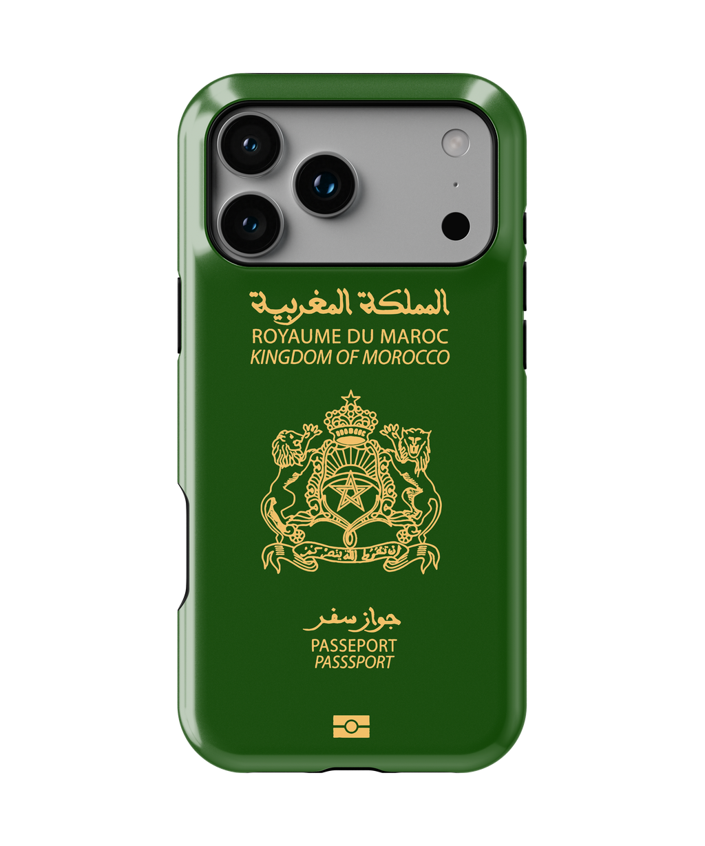 Coque iPhone Personnalisée – Design Passeport Maroc Vert & Doré