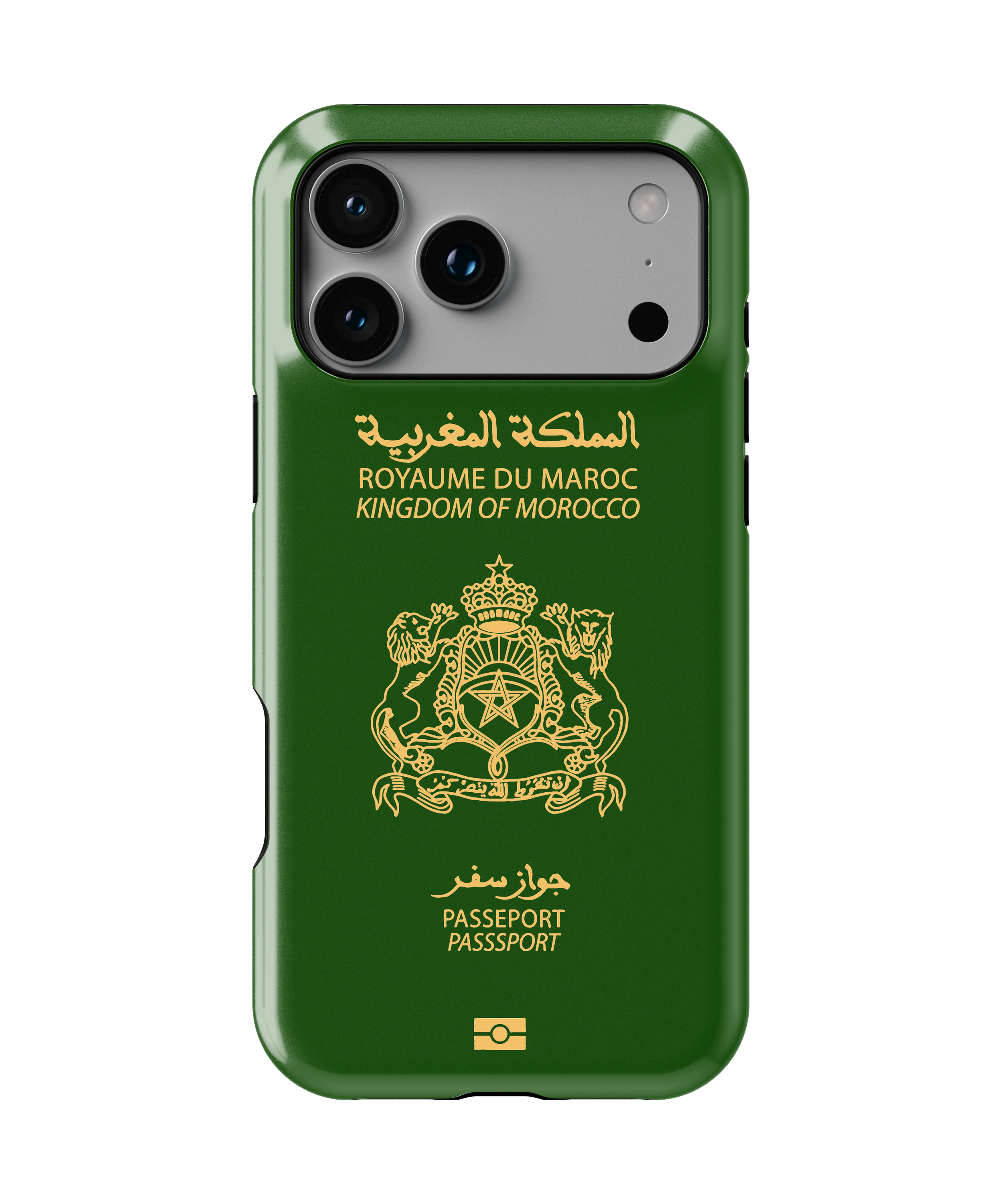 Coque iPhone Personnalisée – Design Passeport Maroc Vert & Doré