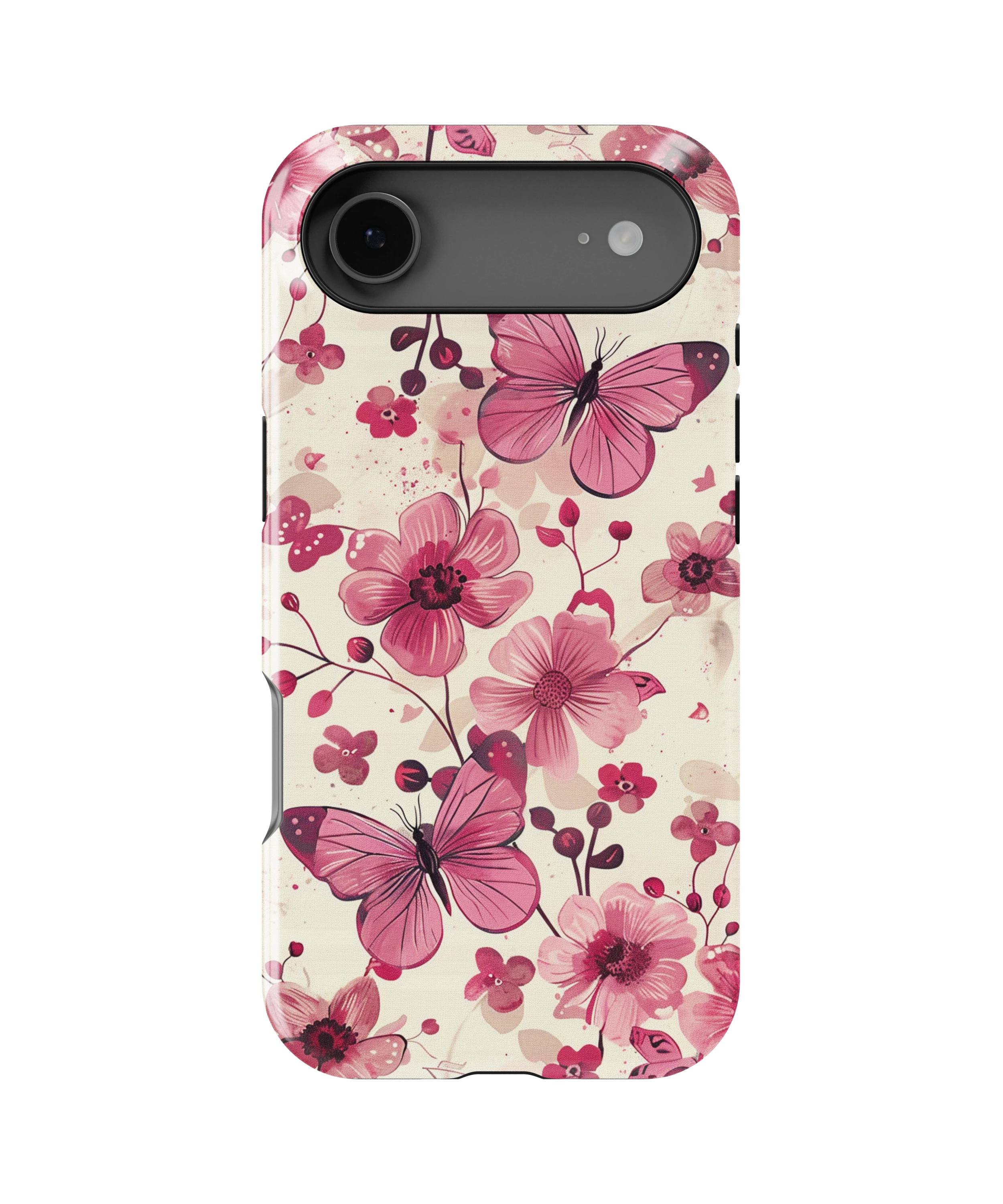 Coque iPhone – Fleurs Roses & Papillons Élégants