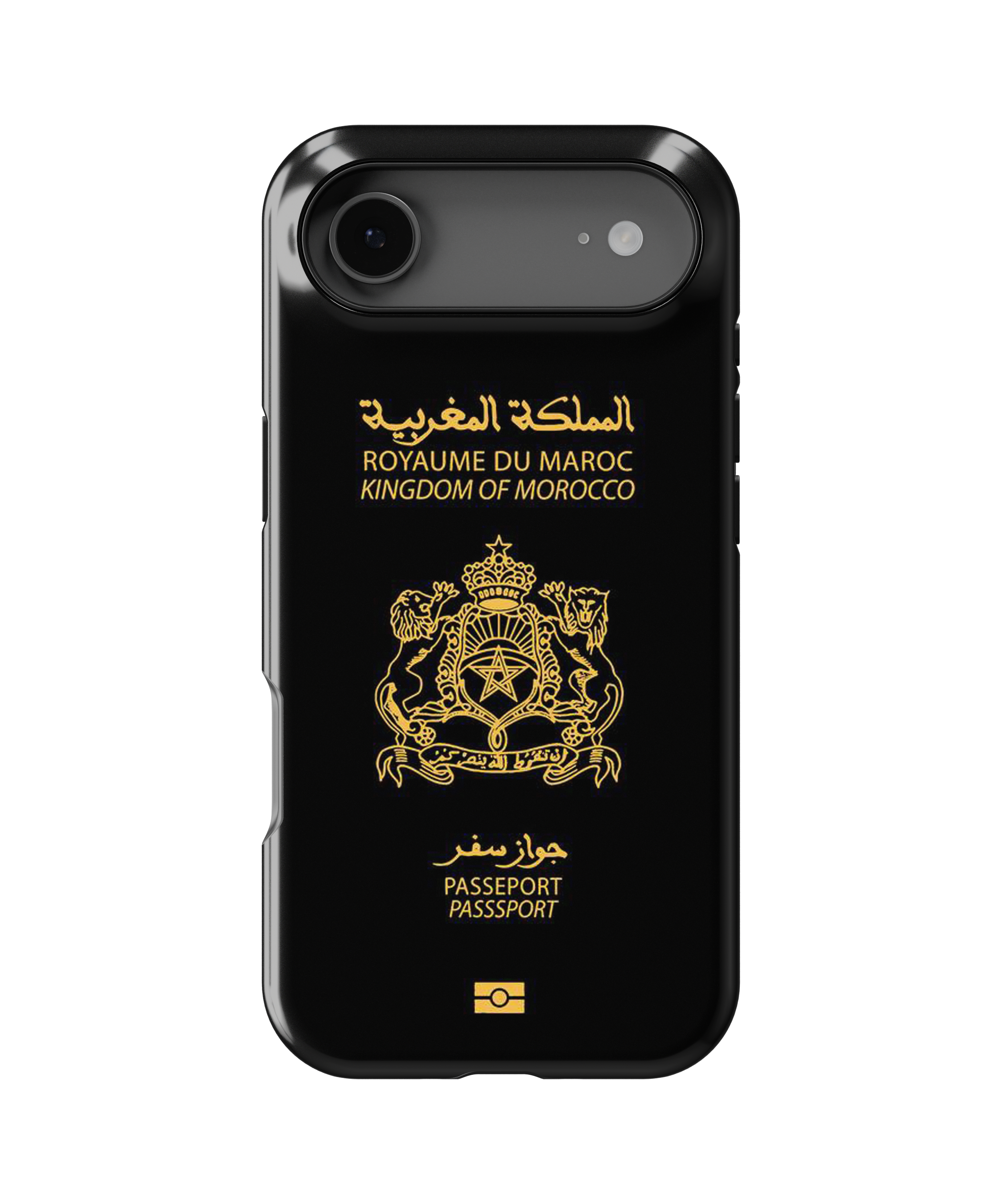 Coque iPhone Personnalisée – Design Passeport Maroc Noir & Doré