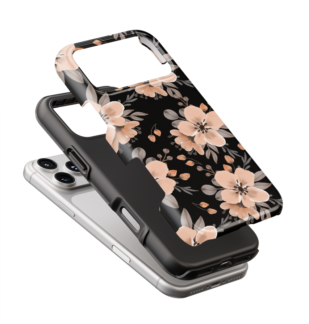 Coque iPhone – Design Floral Élégant Noir & Beige