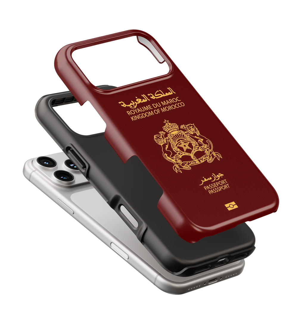 Coque iPhone Personnalisée – Design Passeport Maroc Rouge & Doré