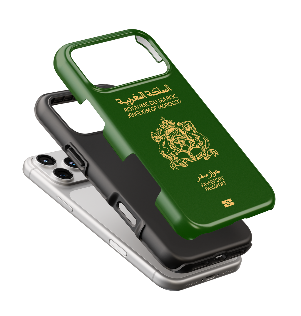Coque iPhone Personnalisée – Design Passeport Maroc Vert & Doré