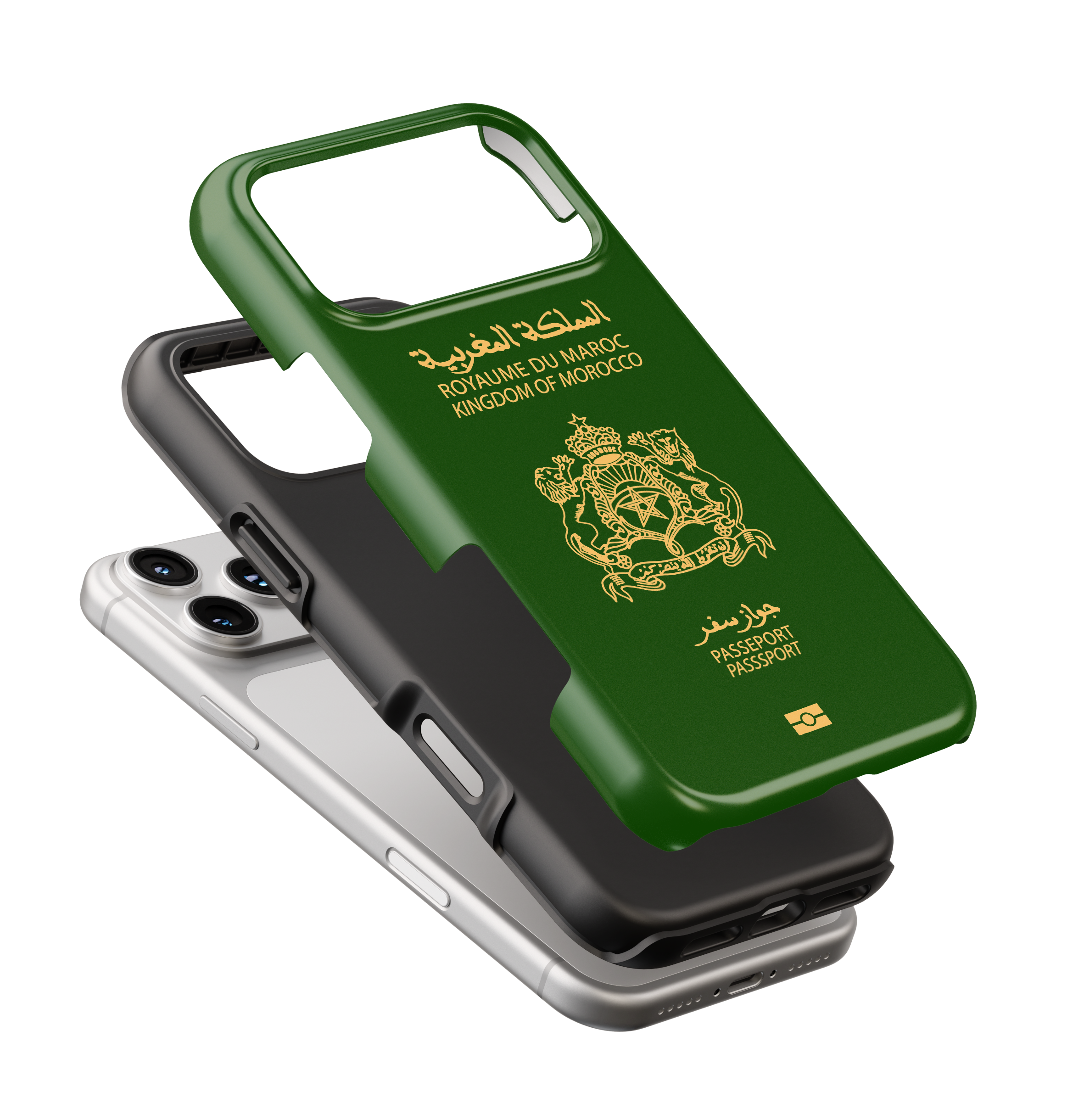 Coque iPhone Personnalisée – Design Passeport Maroc Vert & Doré