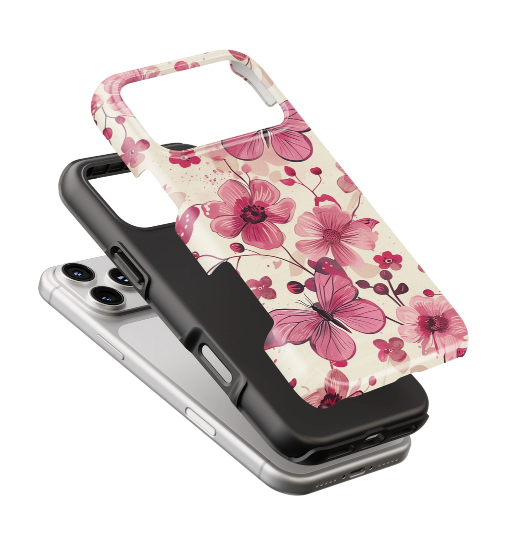 Coque iPhone – Fleurs Roses & Papillons Élégants
