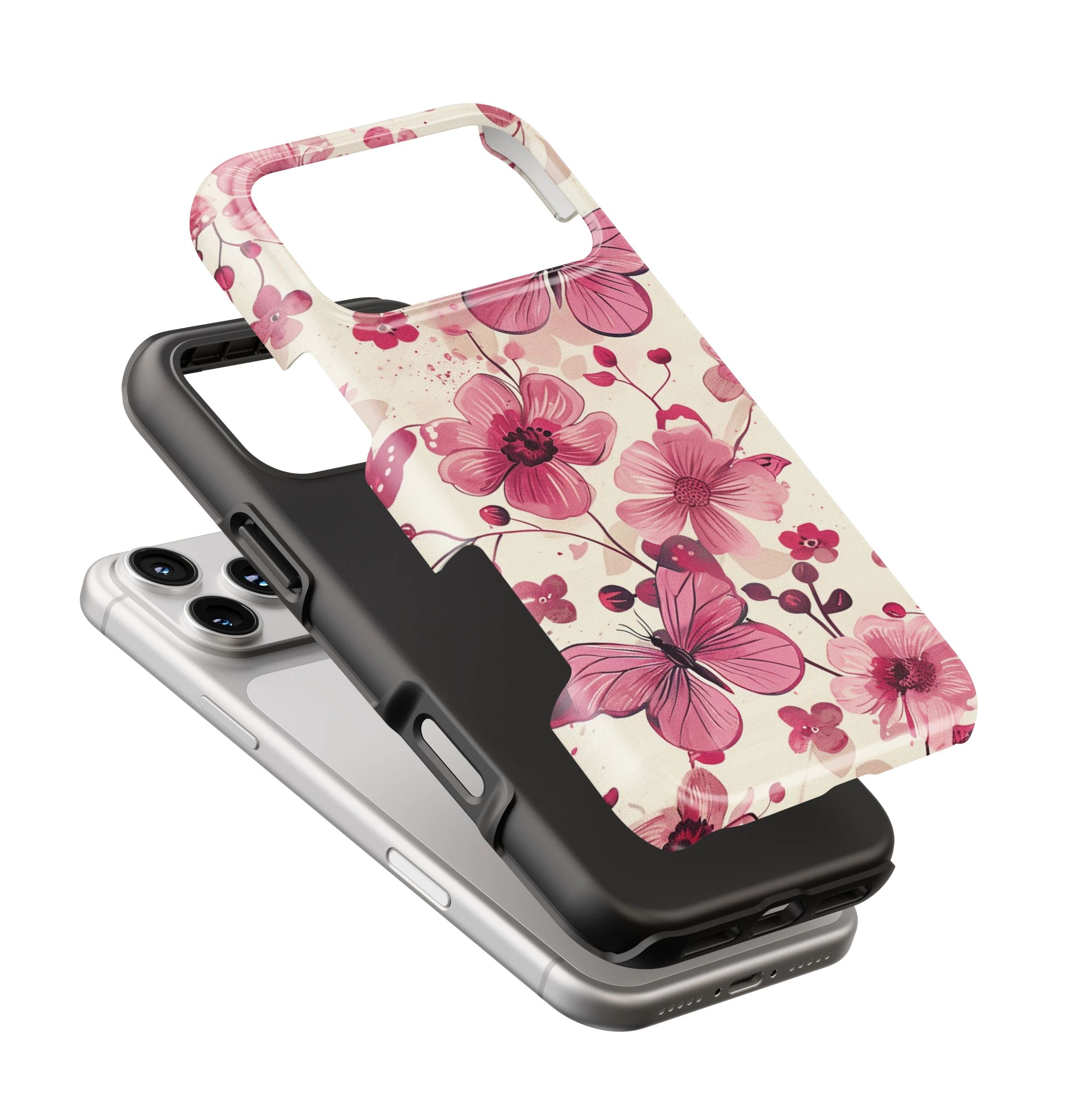Coque iPhone – Fleurs Roses & Papillons Élégants