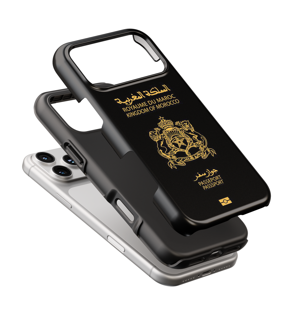 Coque iPhone Personnalisée – Design Passeport Maroc Noir & Doré
