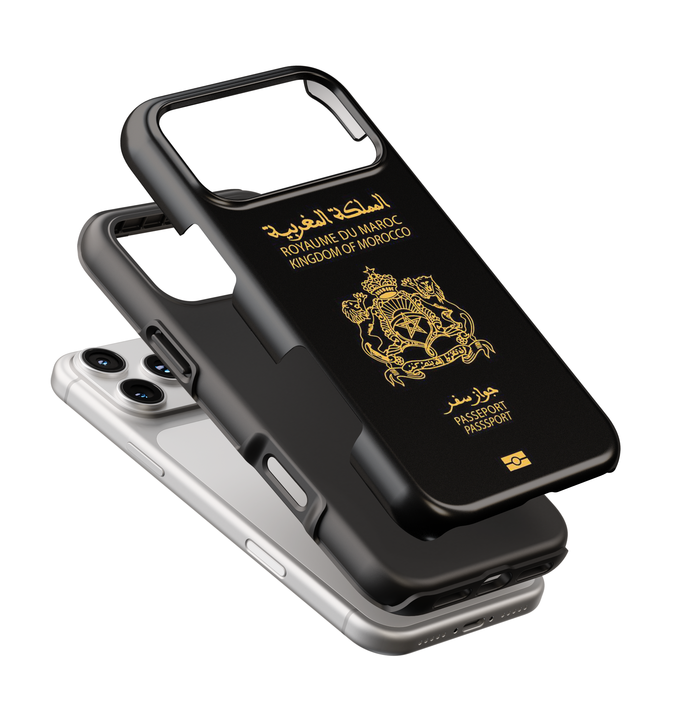 Coque iPhone Personnalisée – Design Passeport Maroc Noir & Doré