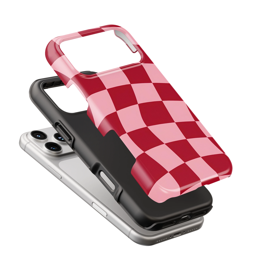 Coque iPhone – Design Damier Rouge & Rose