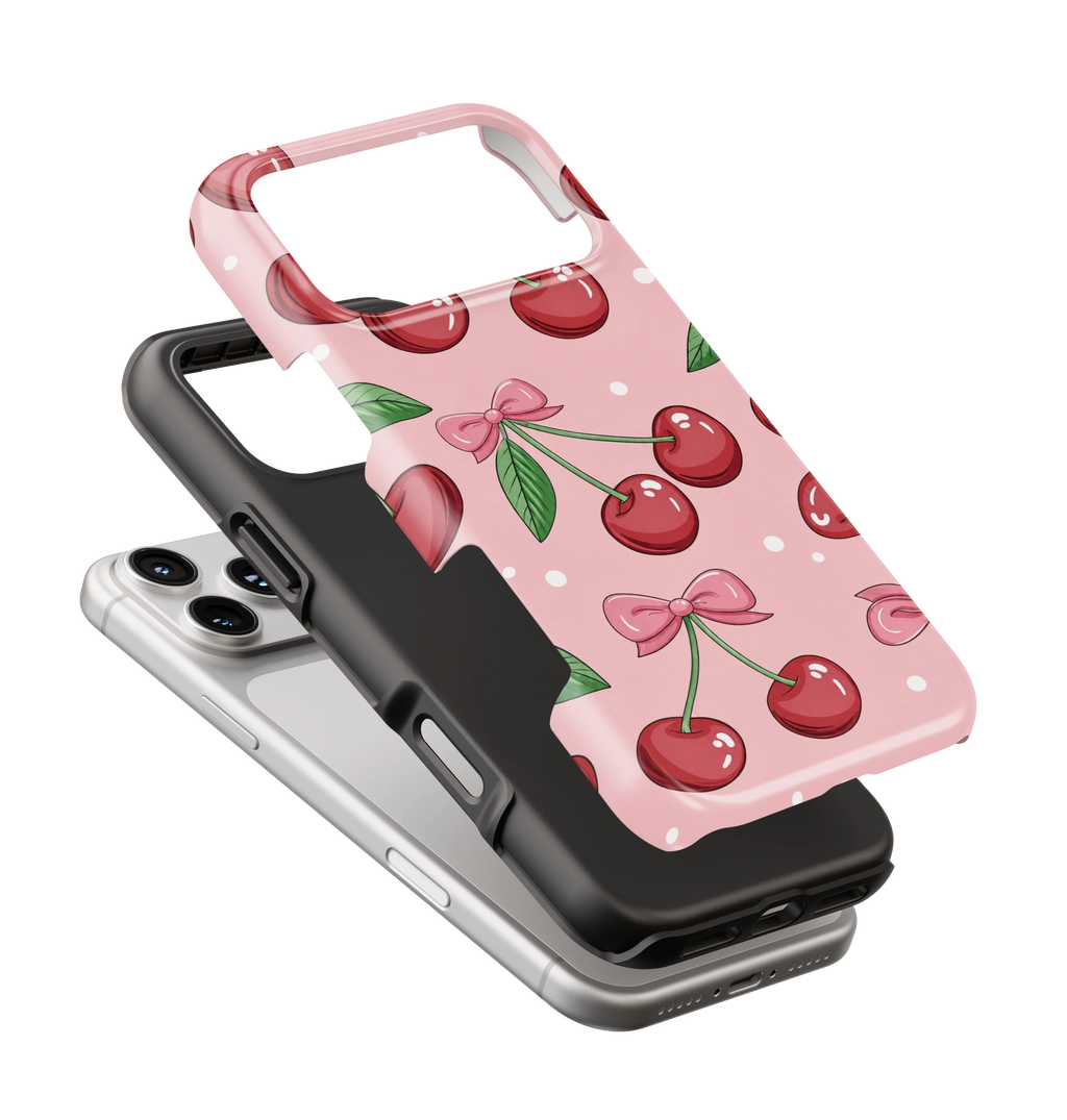 Coque iPhone – Design Cerises & Nœuds