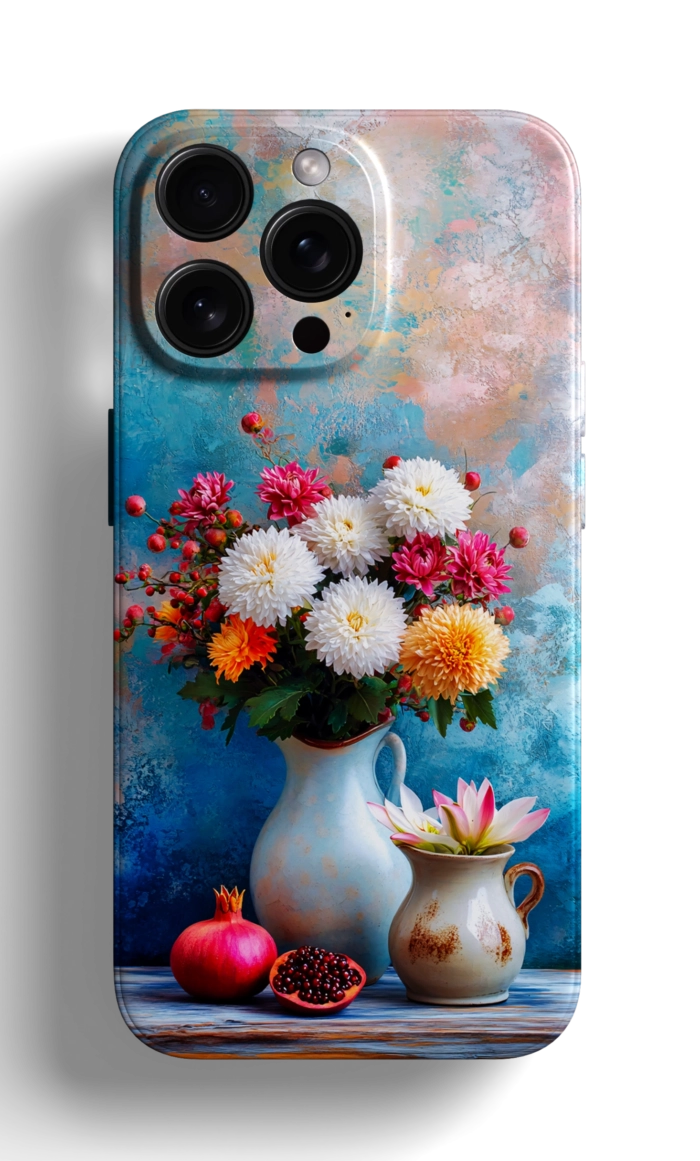 Coque iPhone - Design Artistique avec Fleurs et Fruits sur Fond Coloré – Image 1