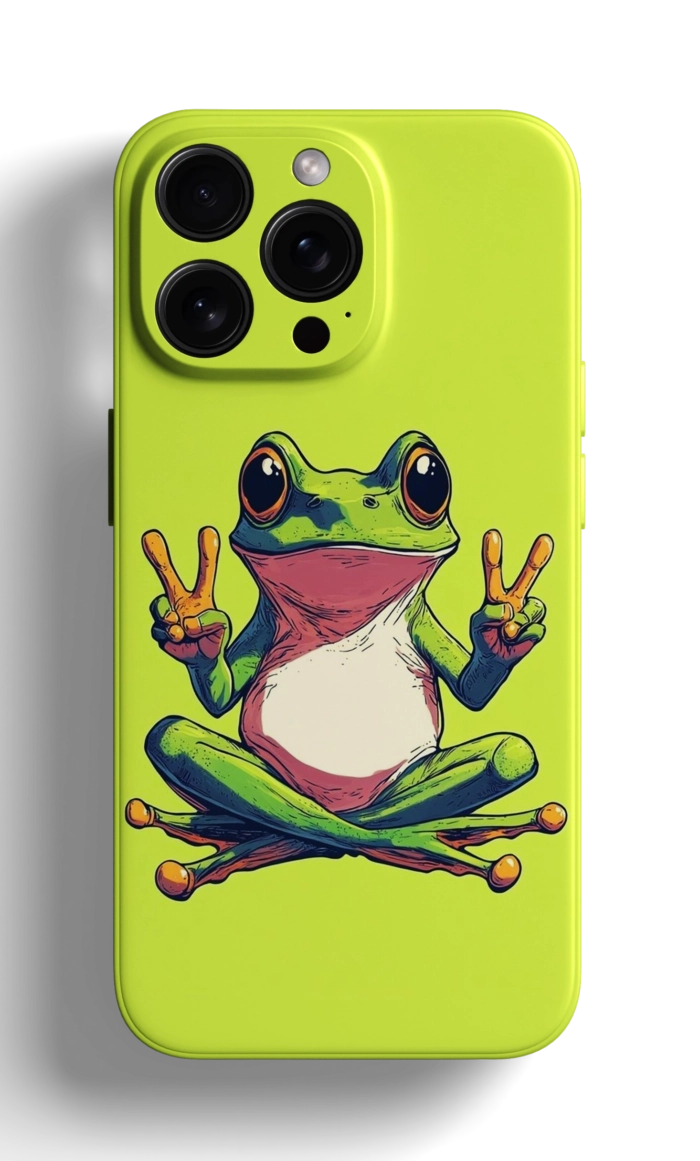 Coque iPhone Verte avec une Grenouille faisant un Signe de Paix – Image 1
